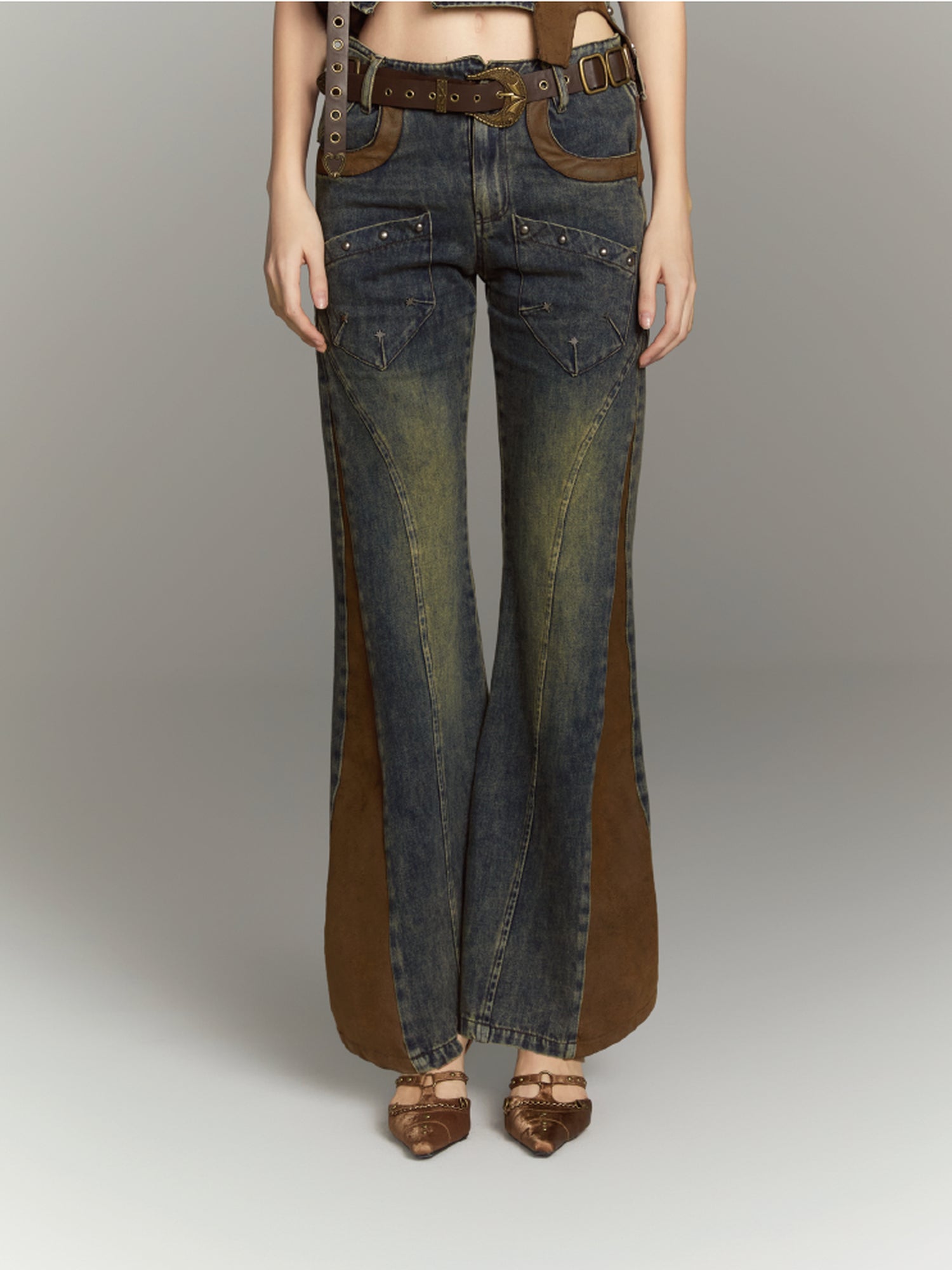 ALL iN plan Patchwork Flared Jeans High Waist Slim Fit Iridescent Design