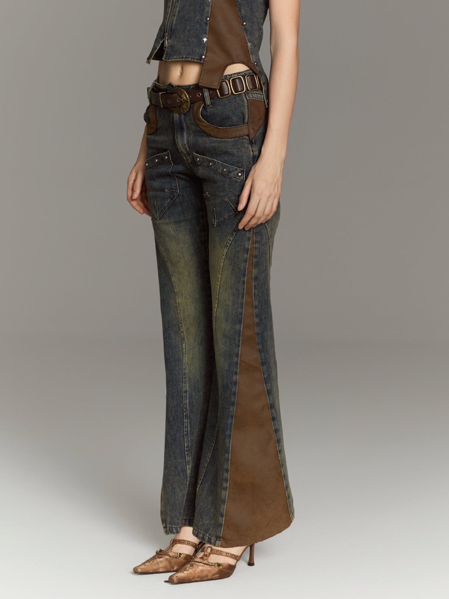 ALL iN plan Patchwork Flared Jeans High Waist Slim Fit Iridescent Design