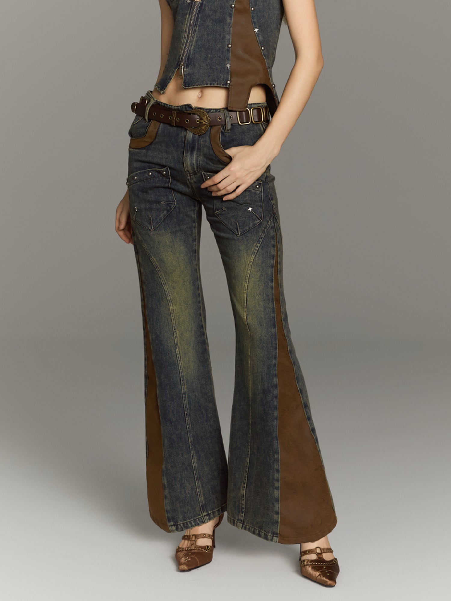 ALL iN plan Patchwork Flared Jeans High Waist Slim Fit Iridescent Design