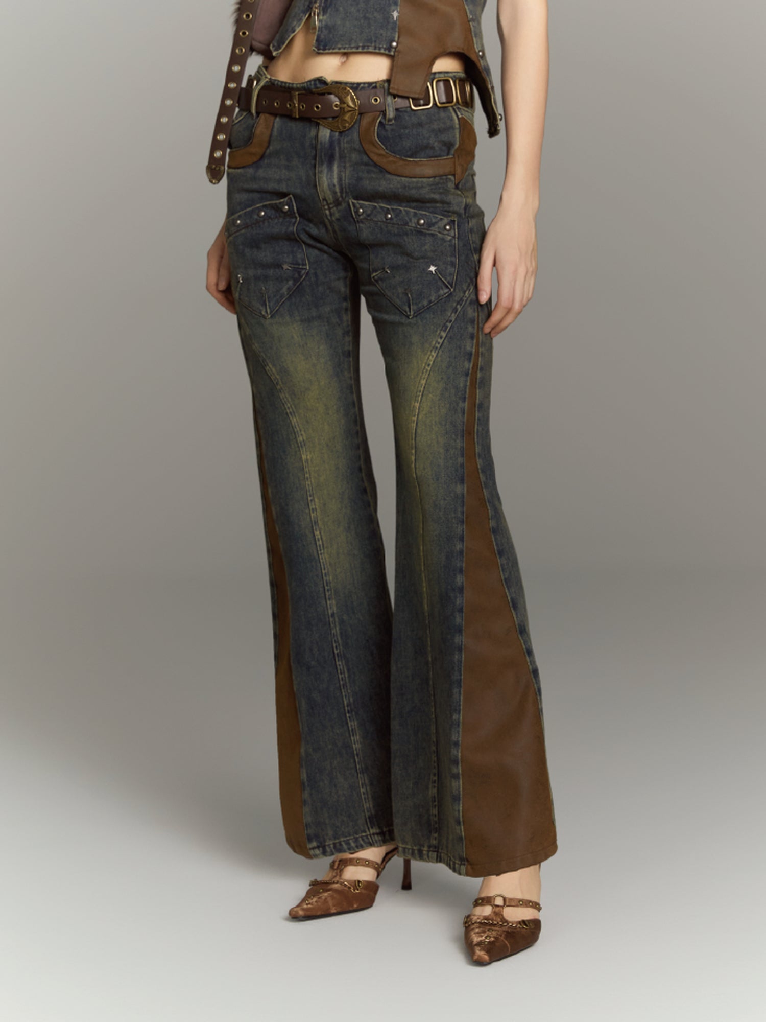 ALL iN plan Patchwork Flared Jeans High Waist Slim Fit Iridescent Design