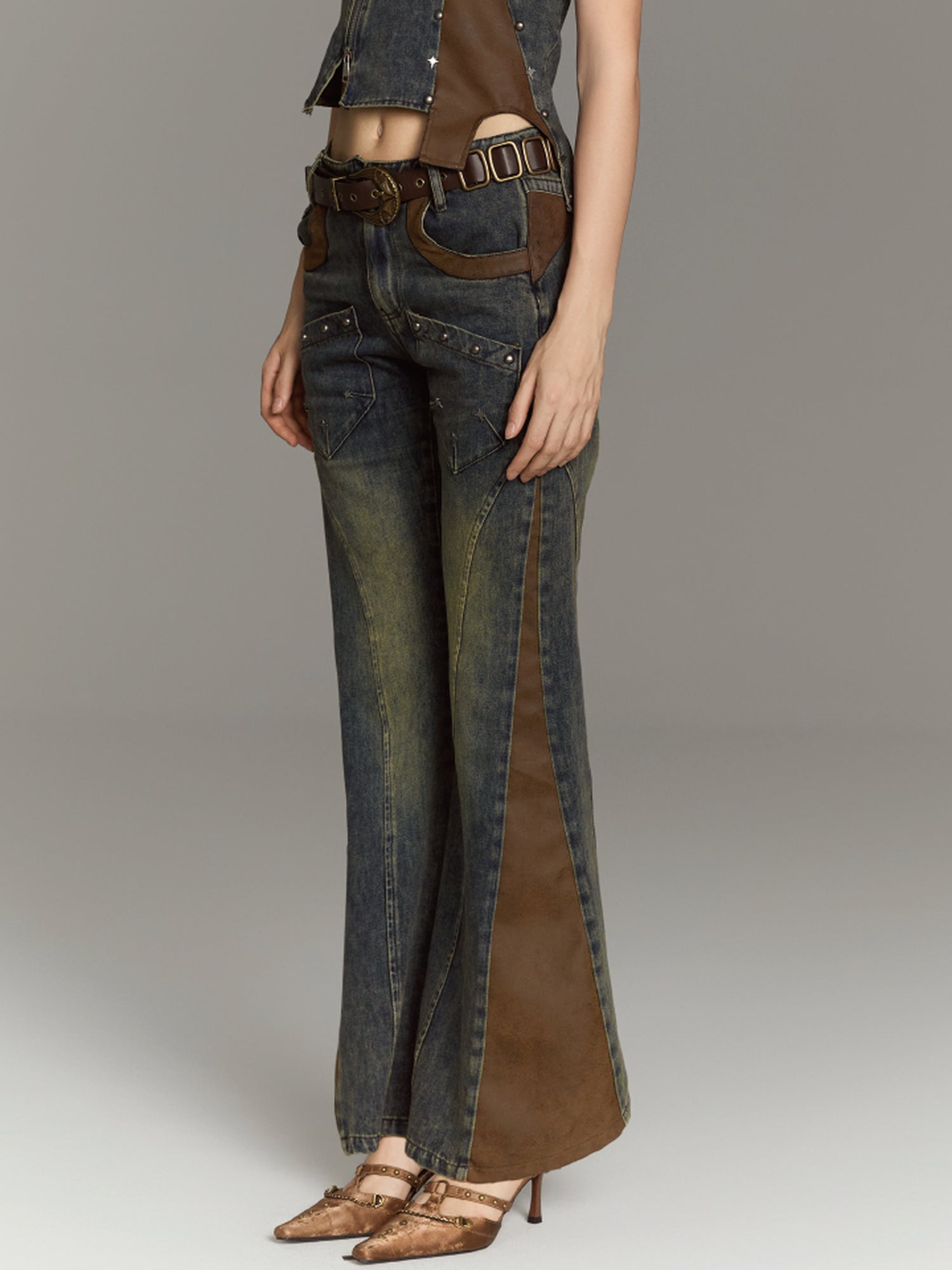 ALL iN plan Patchwork Flared Jeans High Waist Slim Fit Iridescent Design