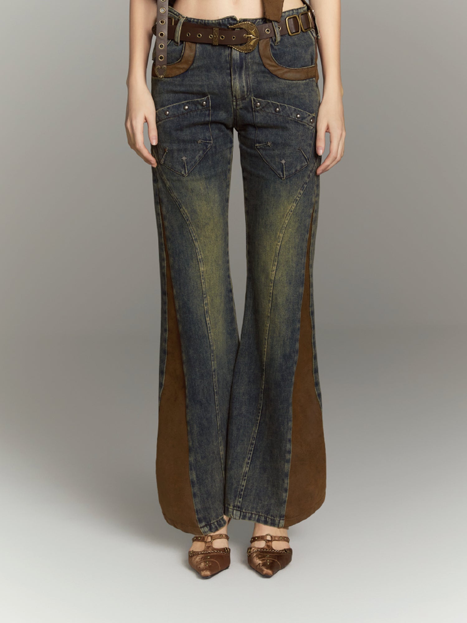 ALL iN plan Patchwork Flared Jeans High Waist Slim Fit Iridescent Design