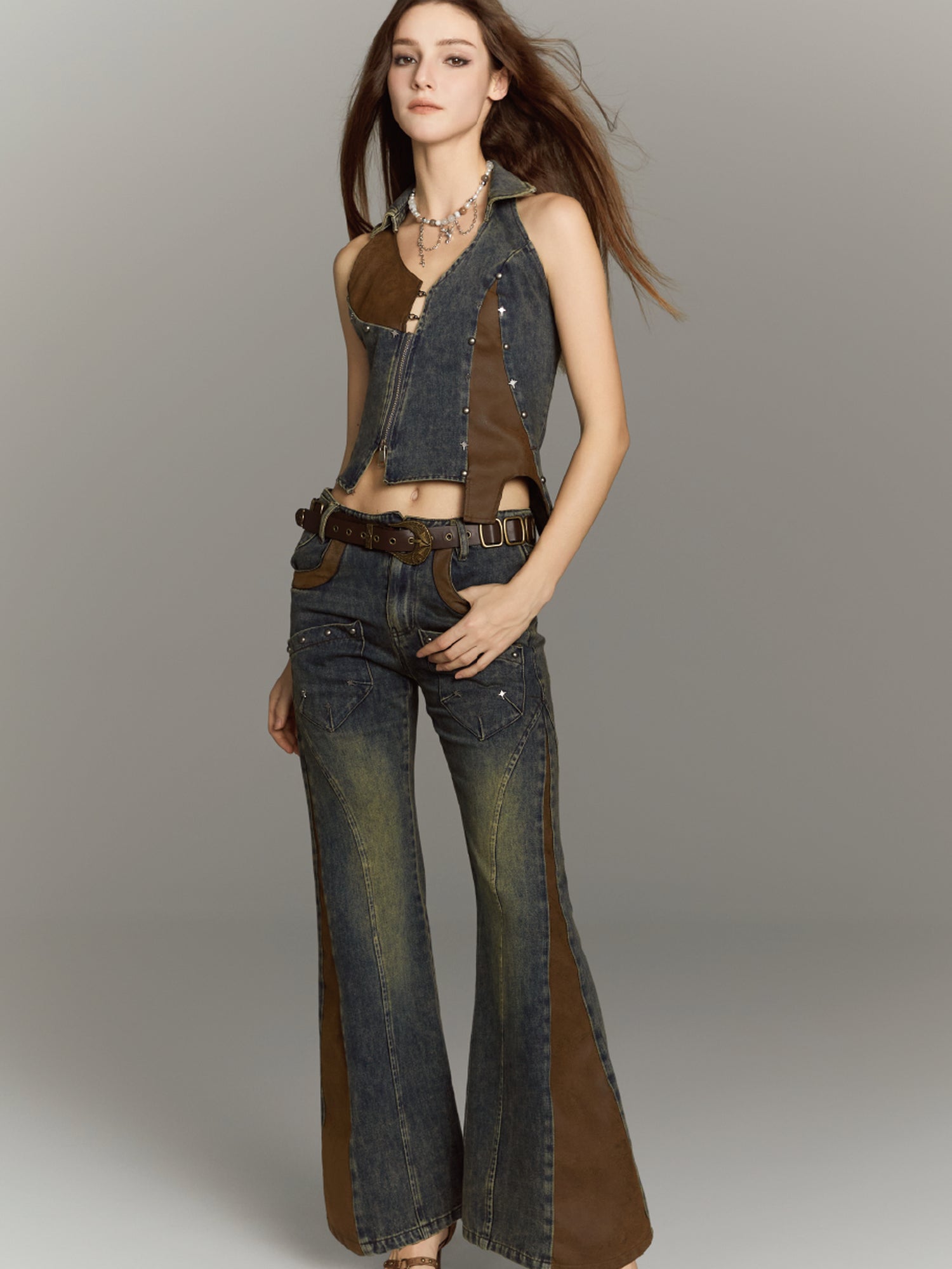 ALL iN plan Patchwork Flared Jeans High Waist Slim Fit Iridescent Design