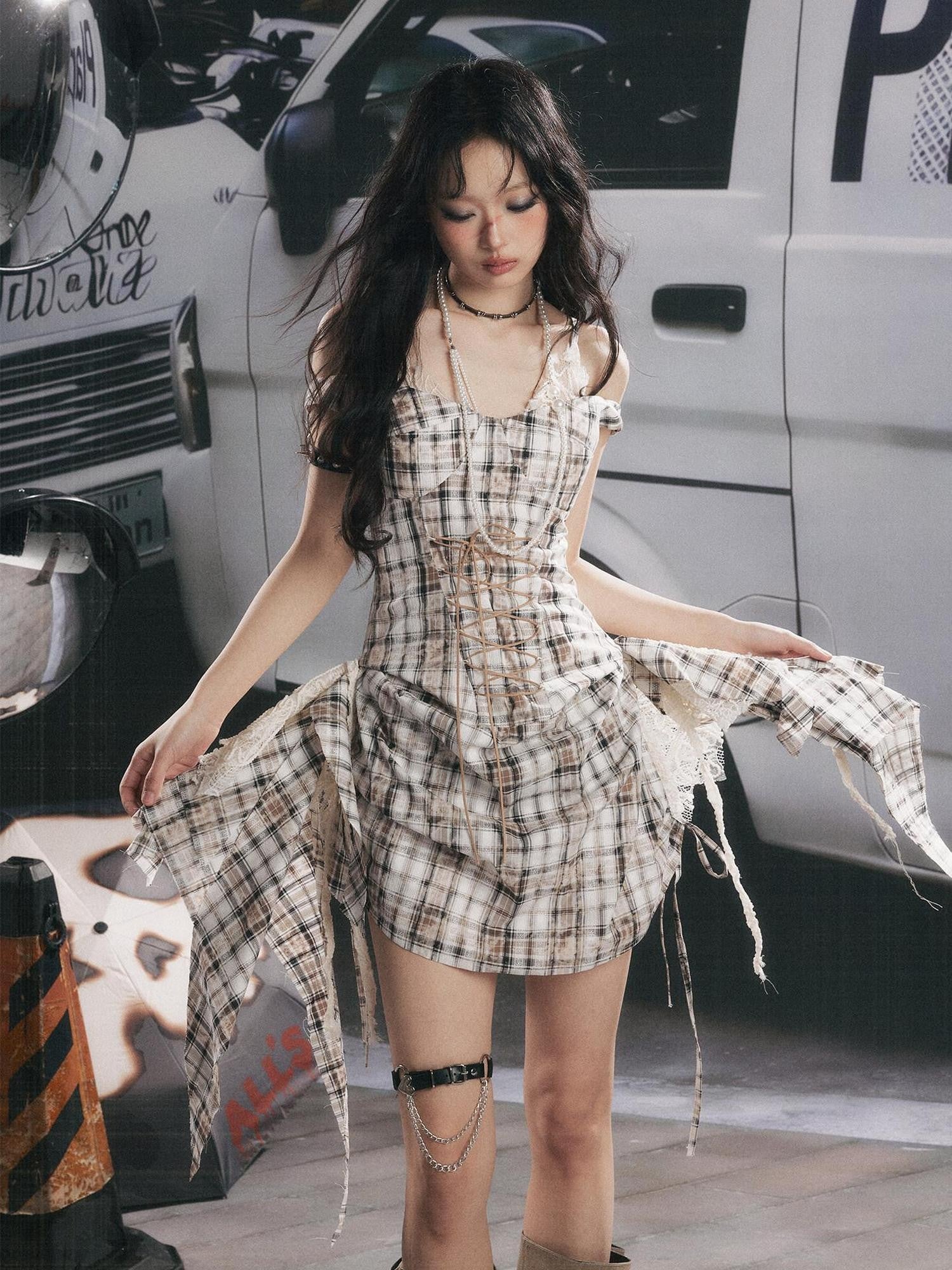 ALL iN plan Plaid Lace Splice Ribbon Asymmetric V-neck Women&