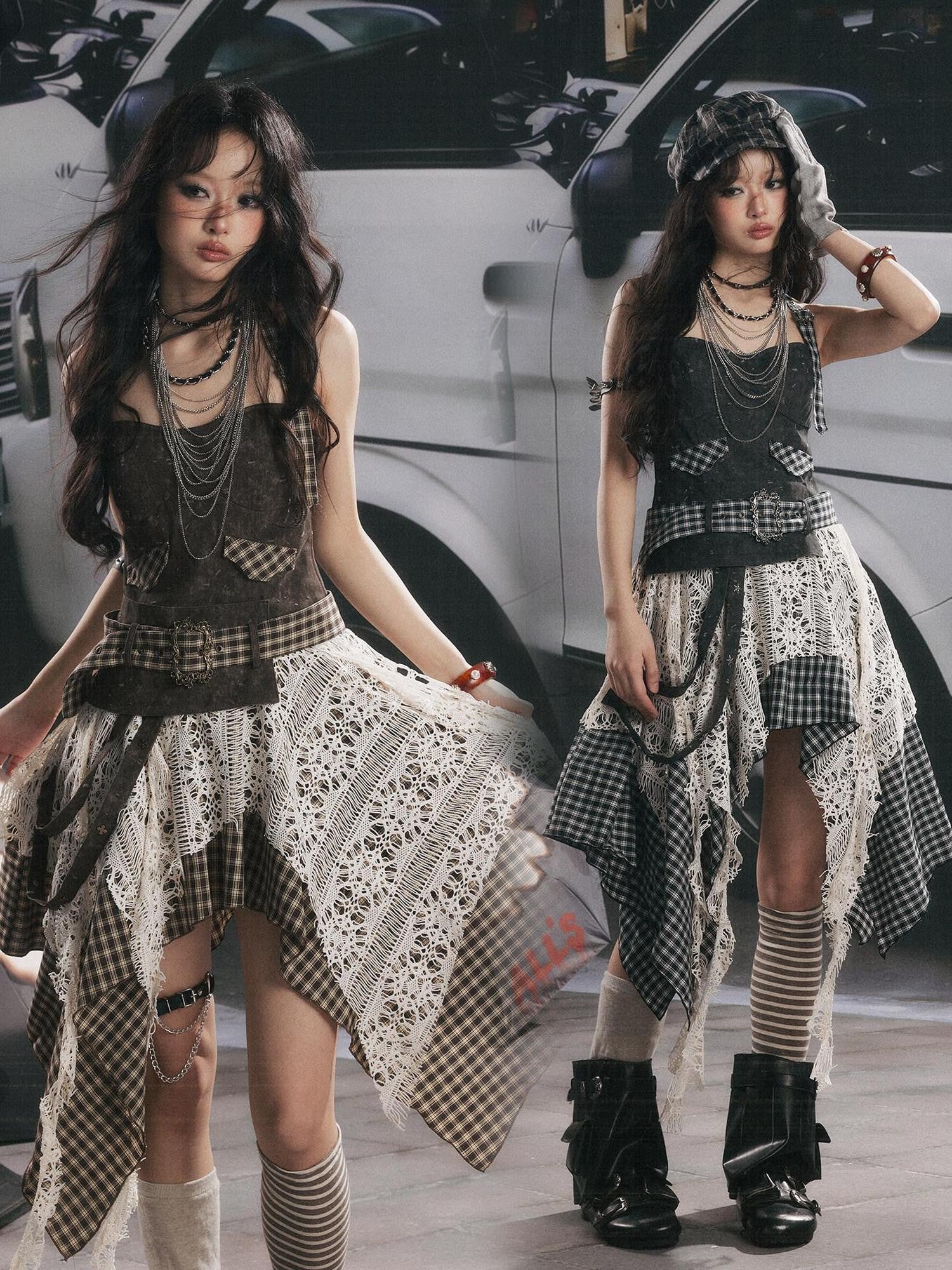 ALL iN plan Plaid Patchwork Asymmetric Tiered Women&