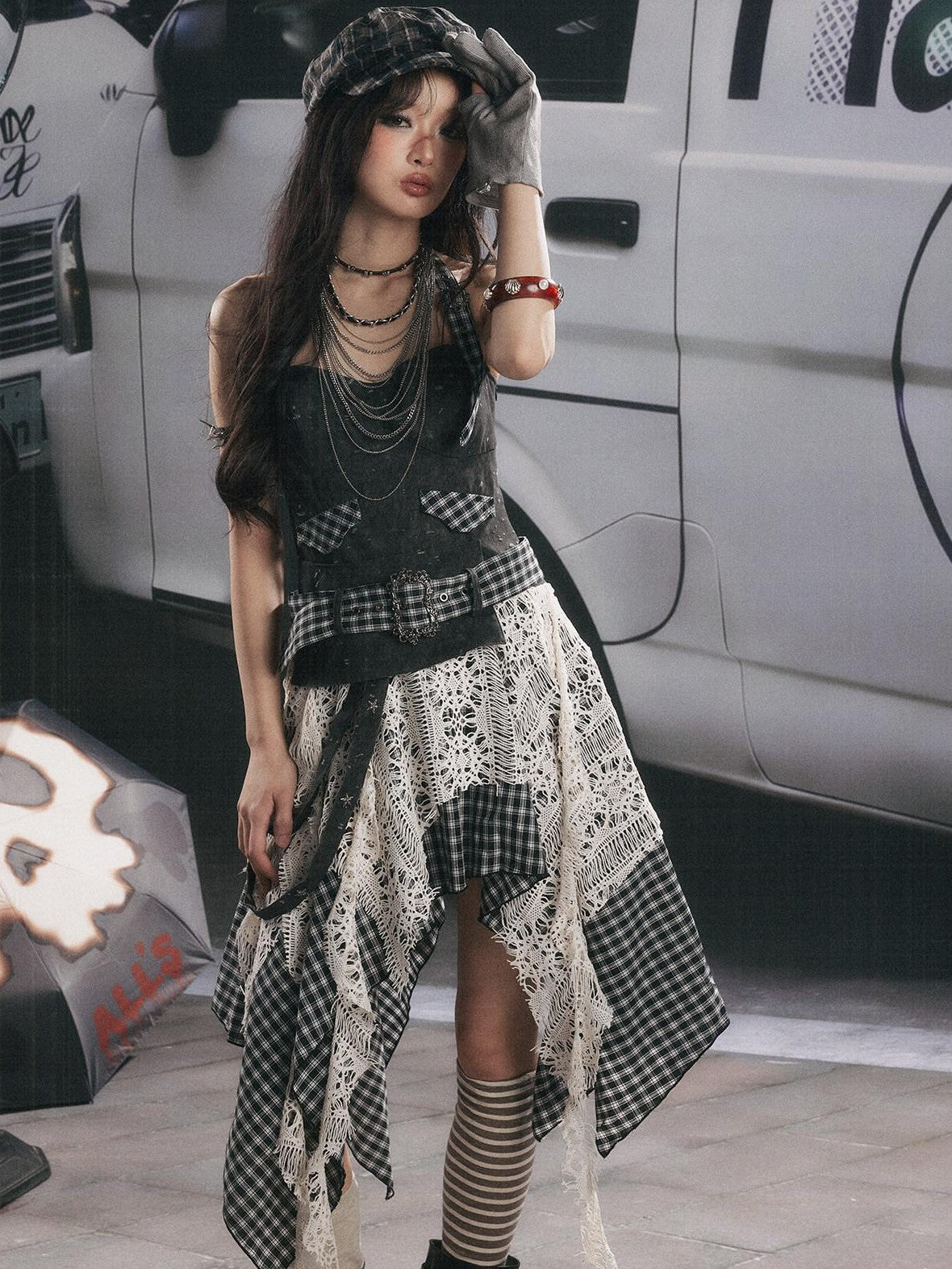ALL iN plan Plaid Patchwork Asymmetric Tiered Women&