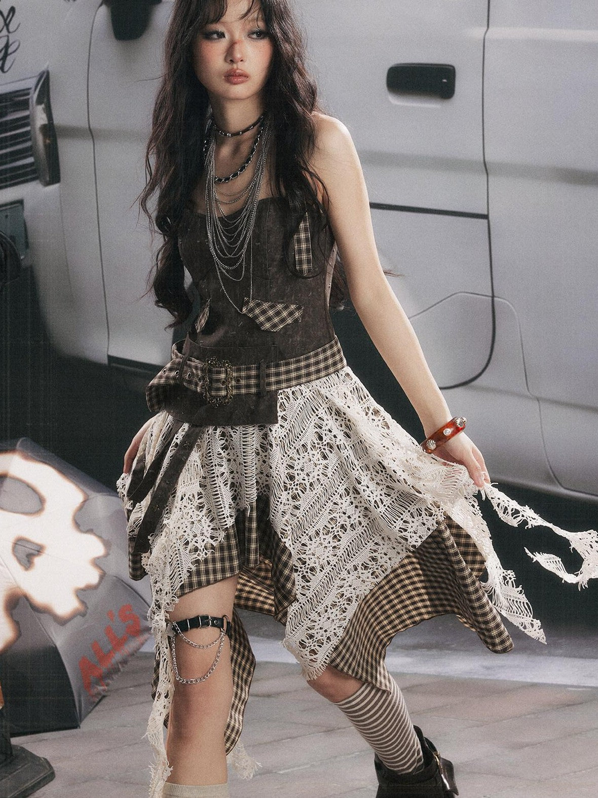 ALL iN plan Plaid Patchwork Asymmetric Tiered Women&