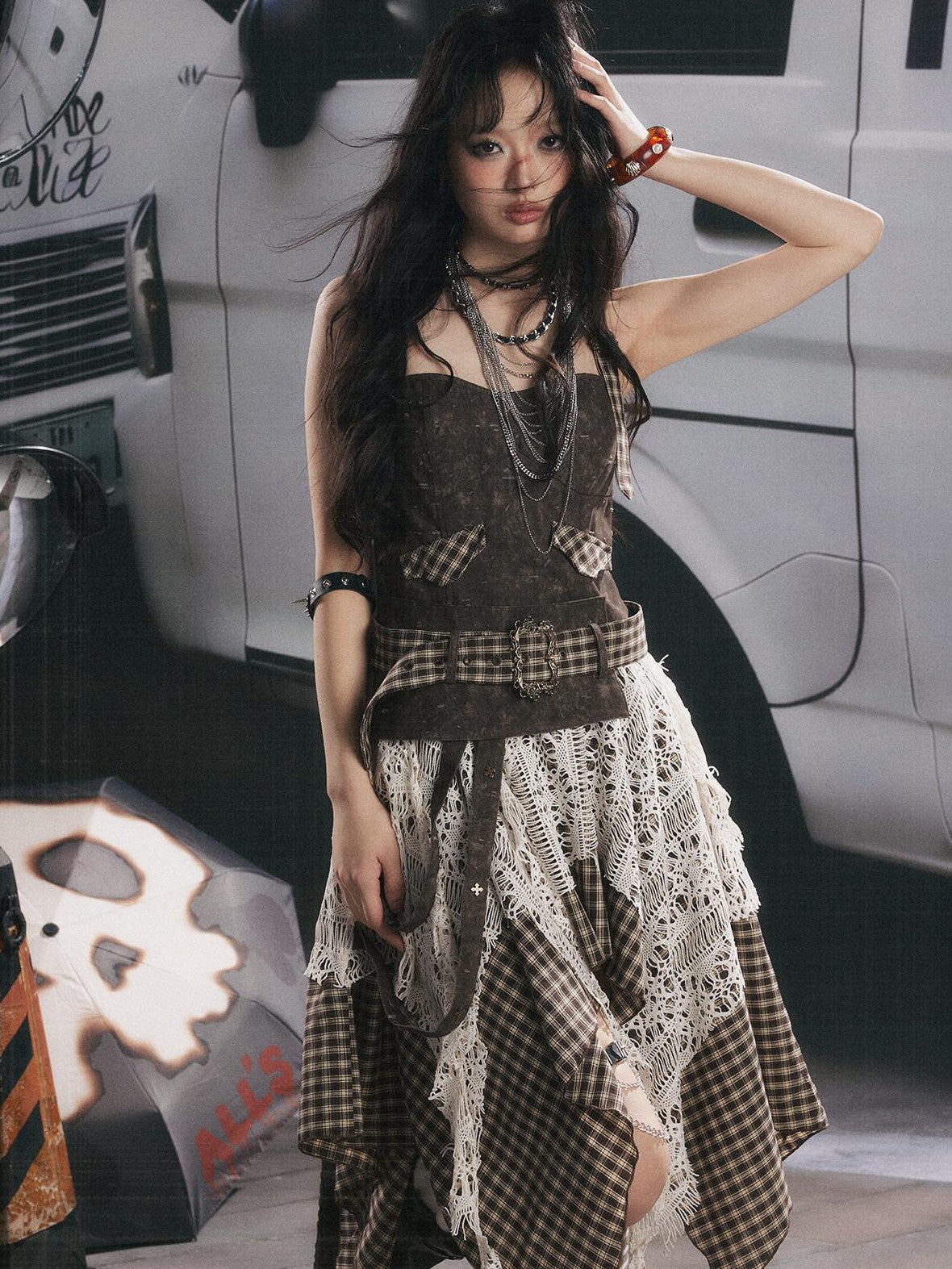 ALL iN plan Plaid Patchwork Asymmetric Tiered Women&