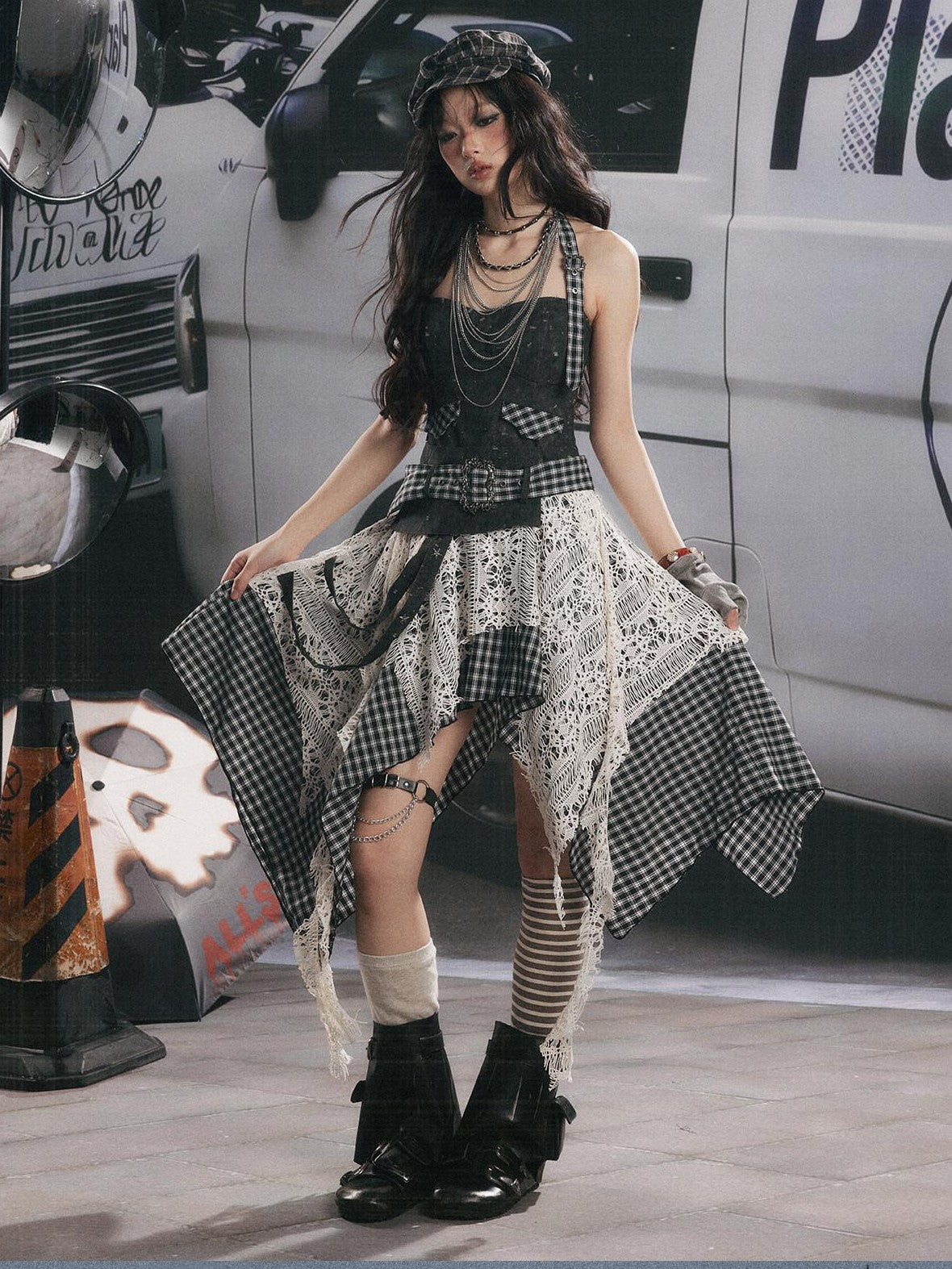 ALL iN plan Plaid Patchwork Asymmetric Tiered Women&