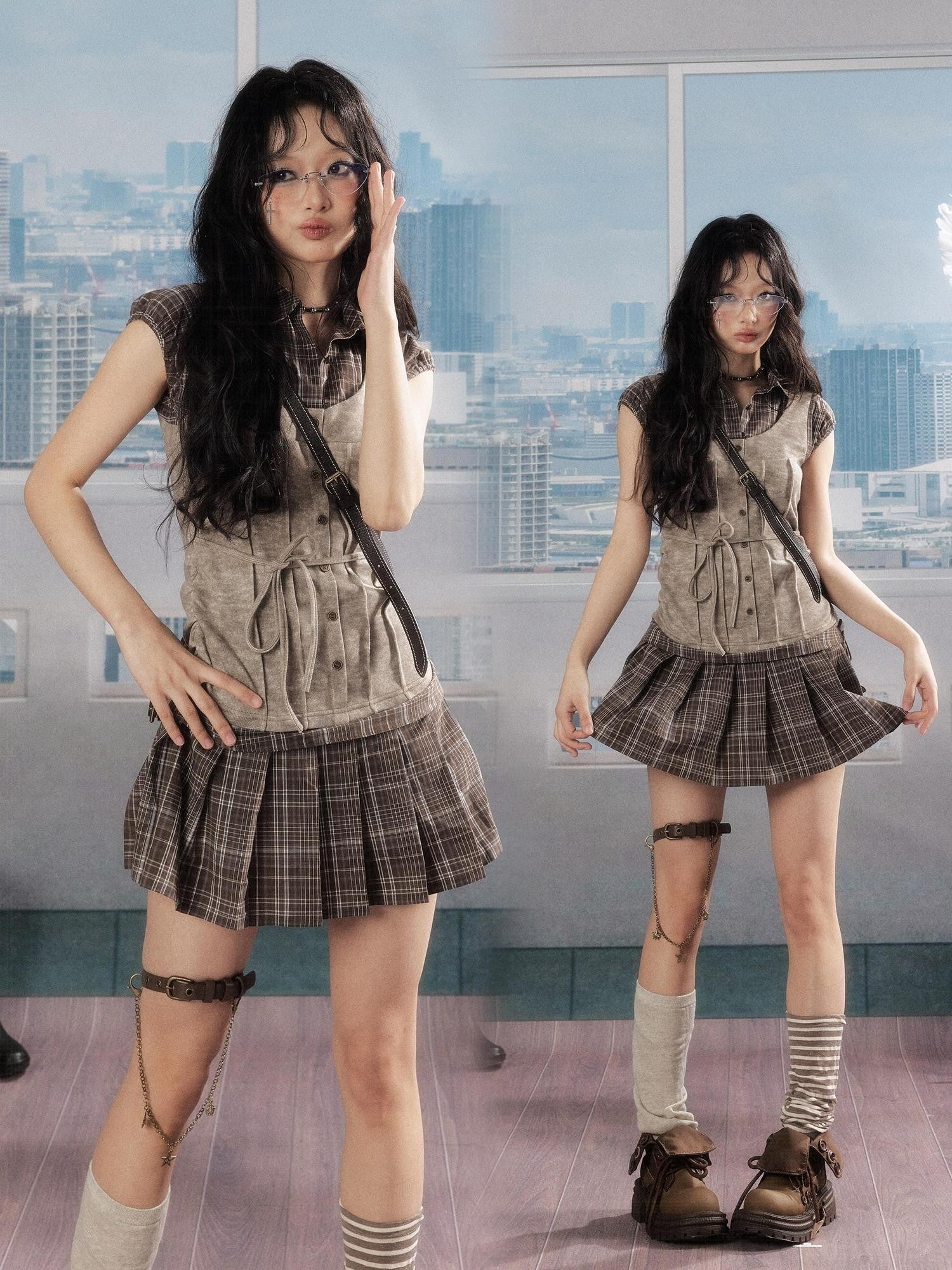 ALL iN plan Plaid Patchwork Doll Collar Button Pleated Women&