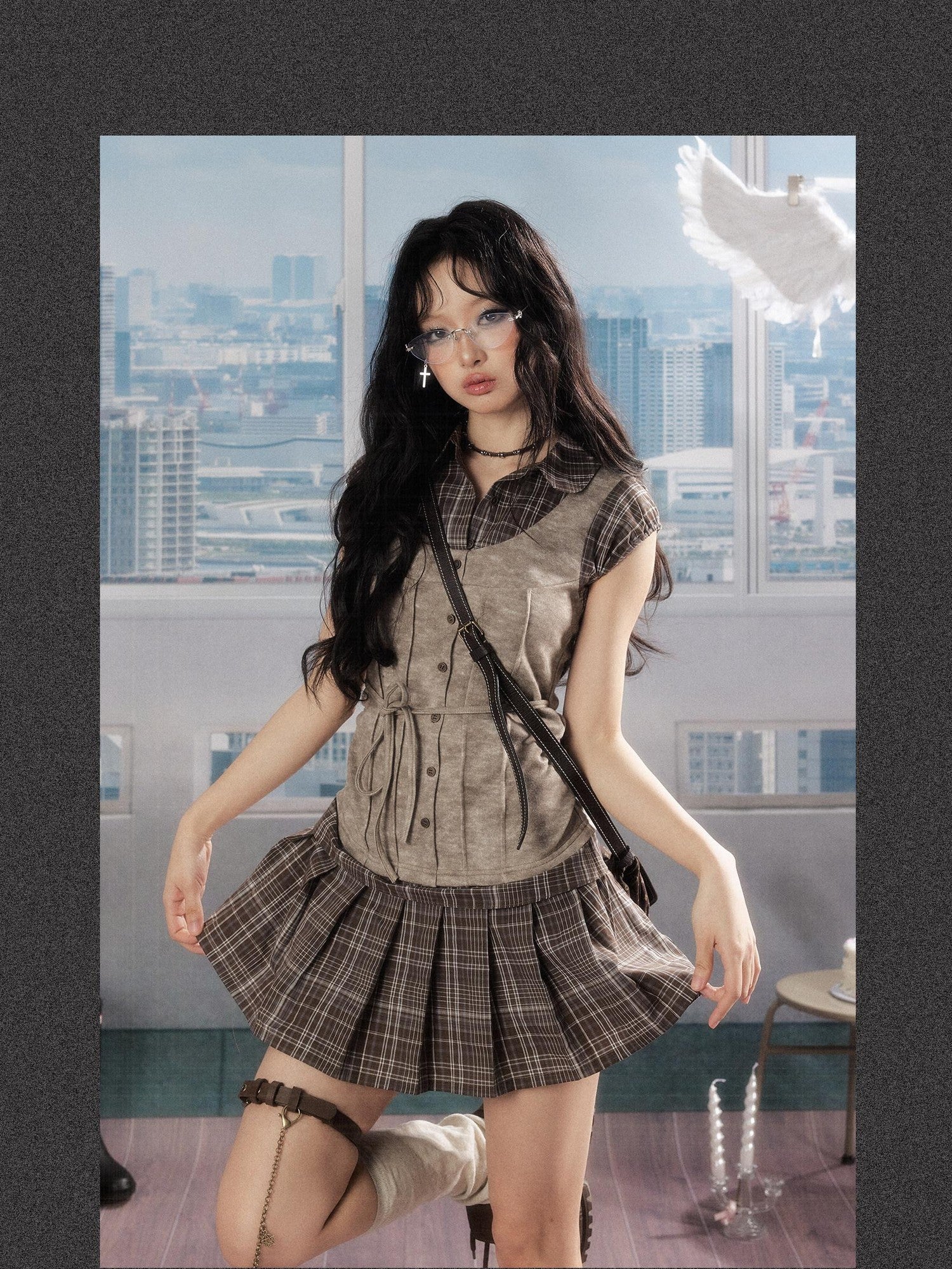 ALL iN plan Plaid Patchwork Doll Collar Button Pleated Women&