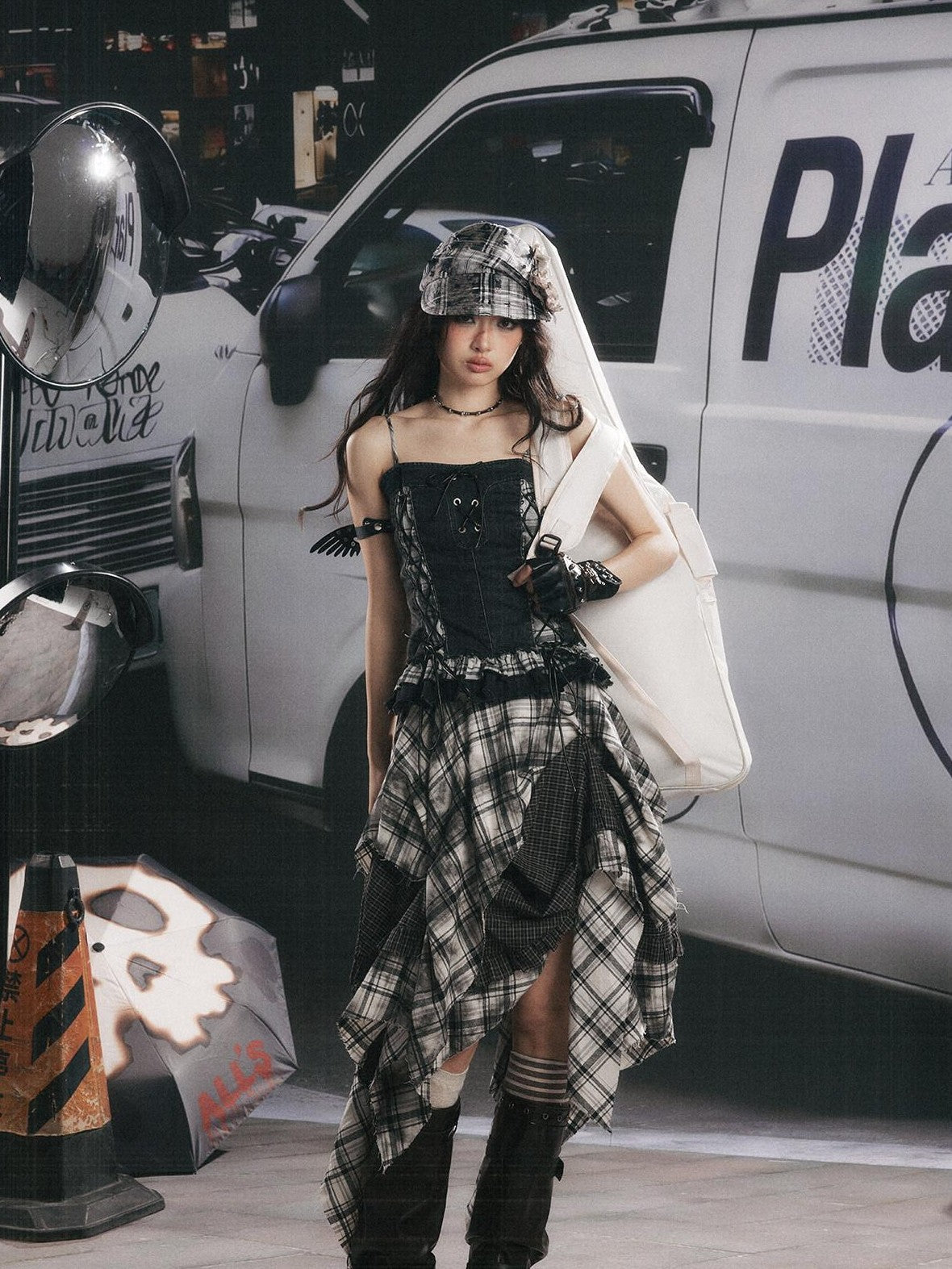 ALL iN plan Plaid Patchwork Ruffle Tie Front Mid Length Women&