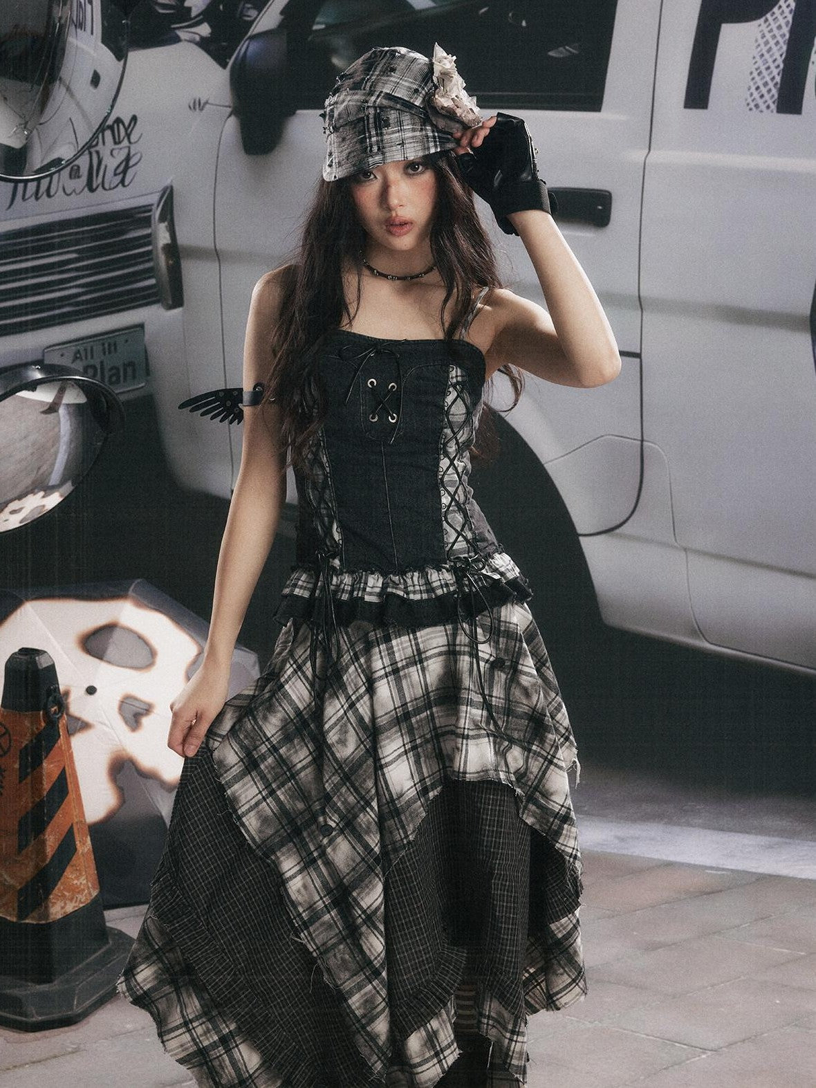 ALL iN plan Plaid Patchwork Ruffle Tie Front Mid Length Women&