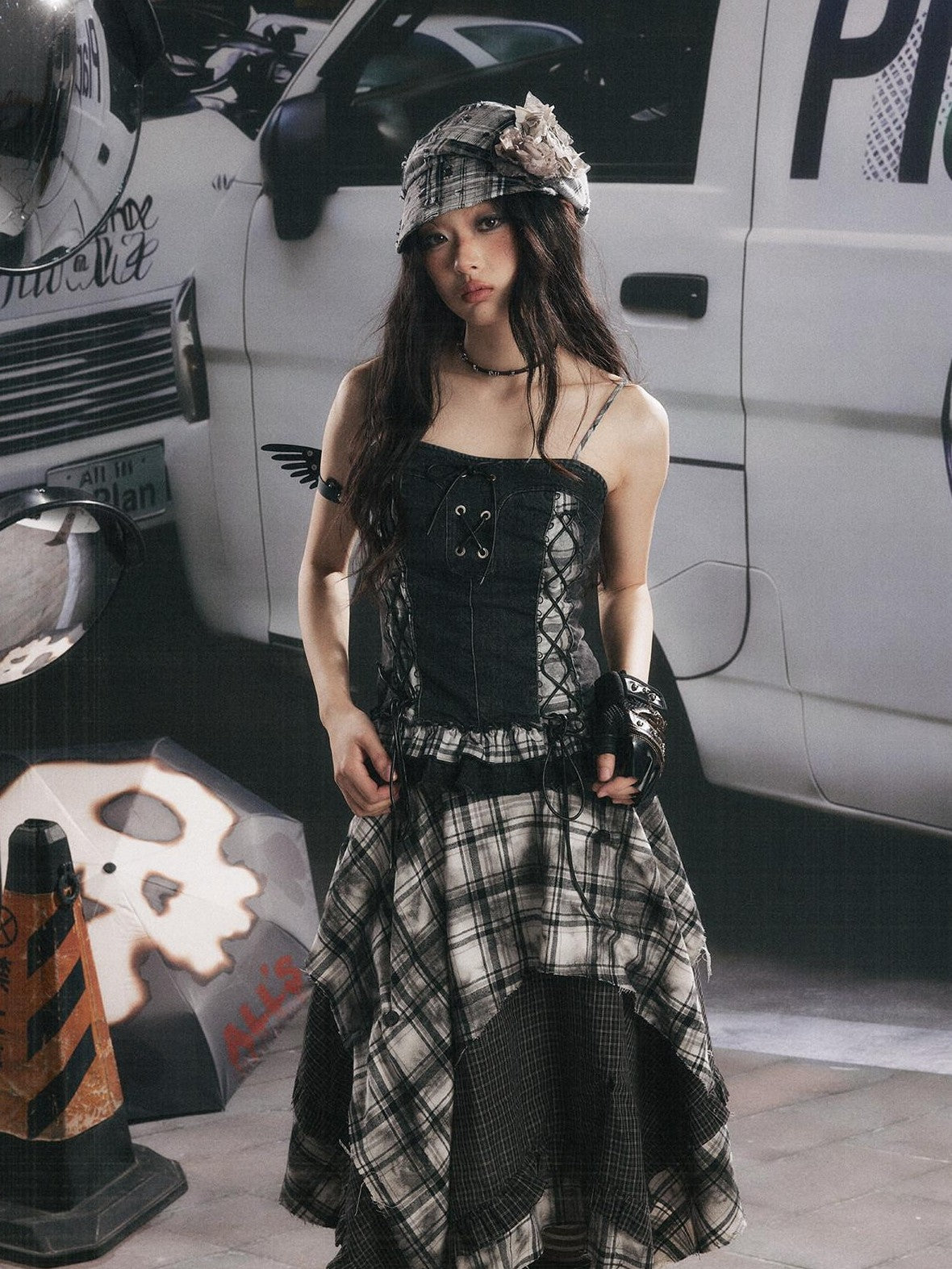 ALL iN plan Plaid Patchwork Ruffle Tie Front Mid Length Women&