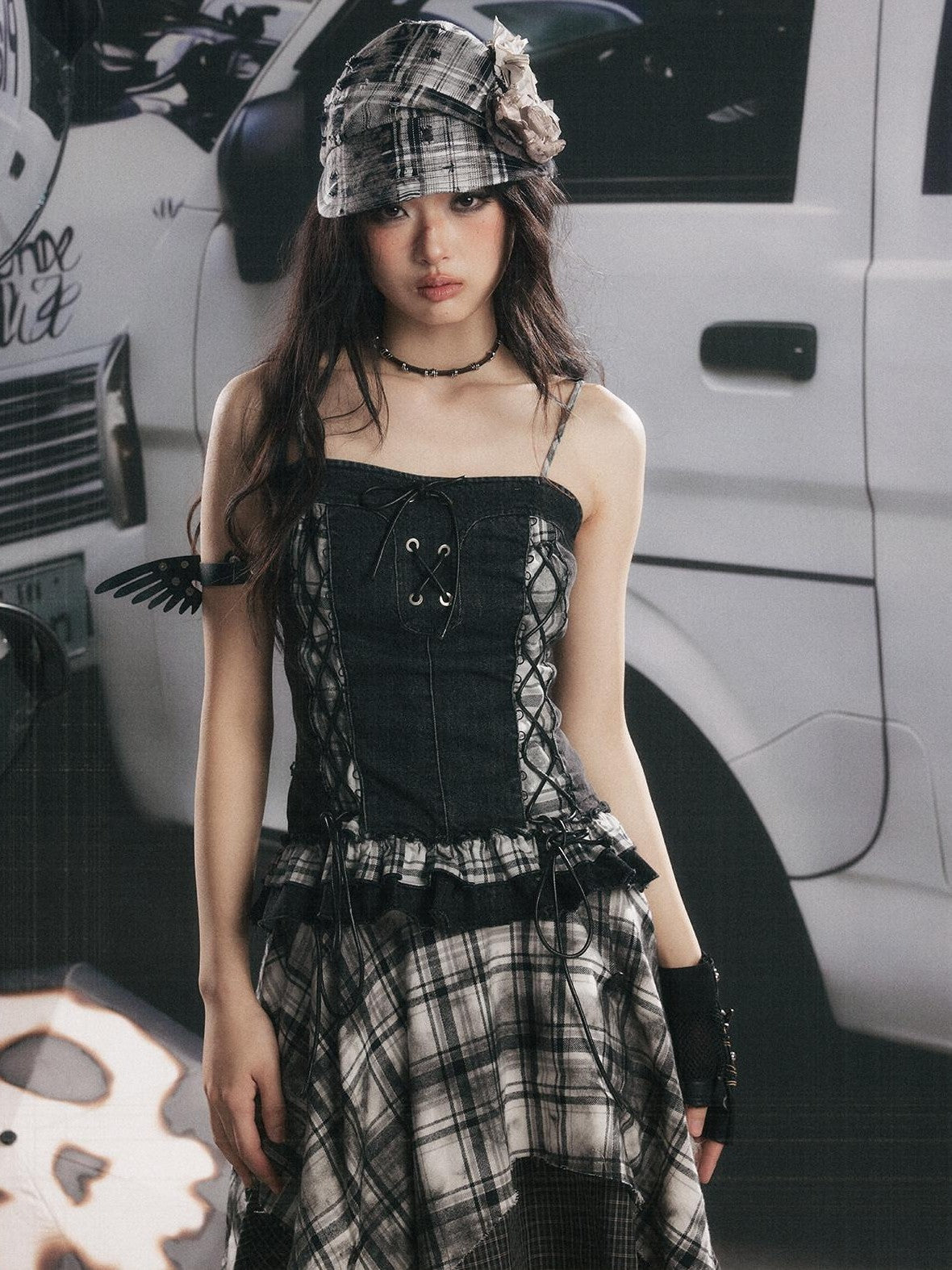 ALL iN plan Plaid Patchwork Ruffle Tie Front Mid Length Women&