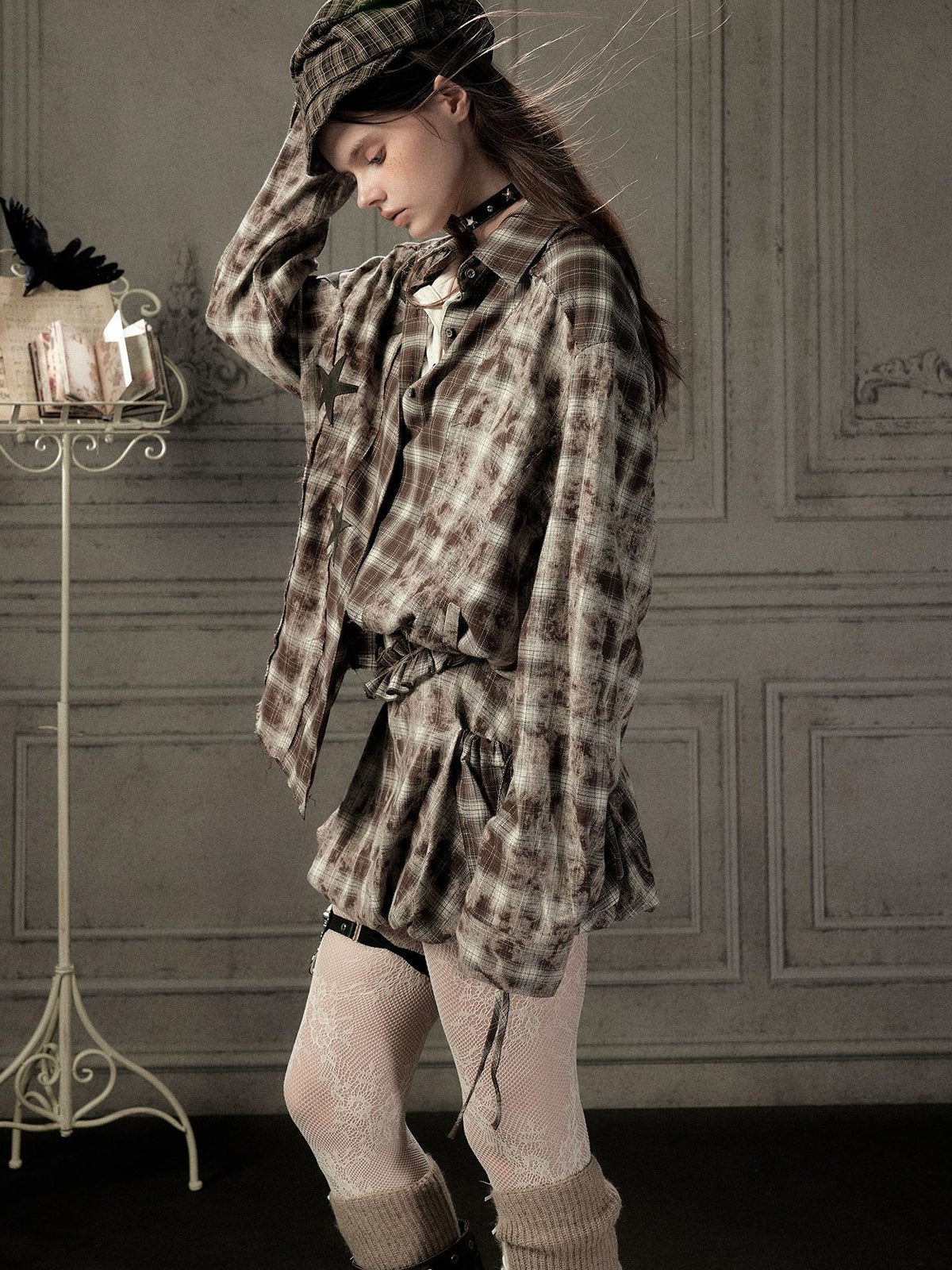 ALL iN plan Plaid Spliced Long Sleeve Loose Fit Cotton Poly Women&