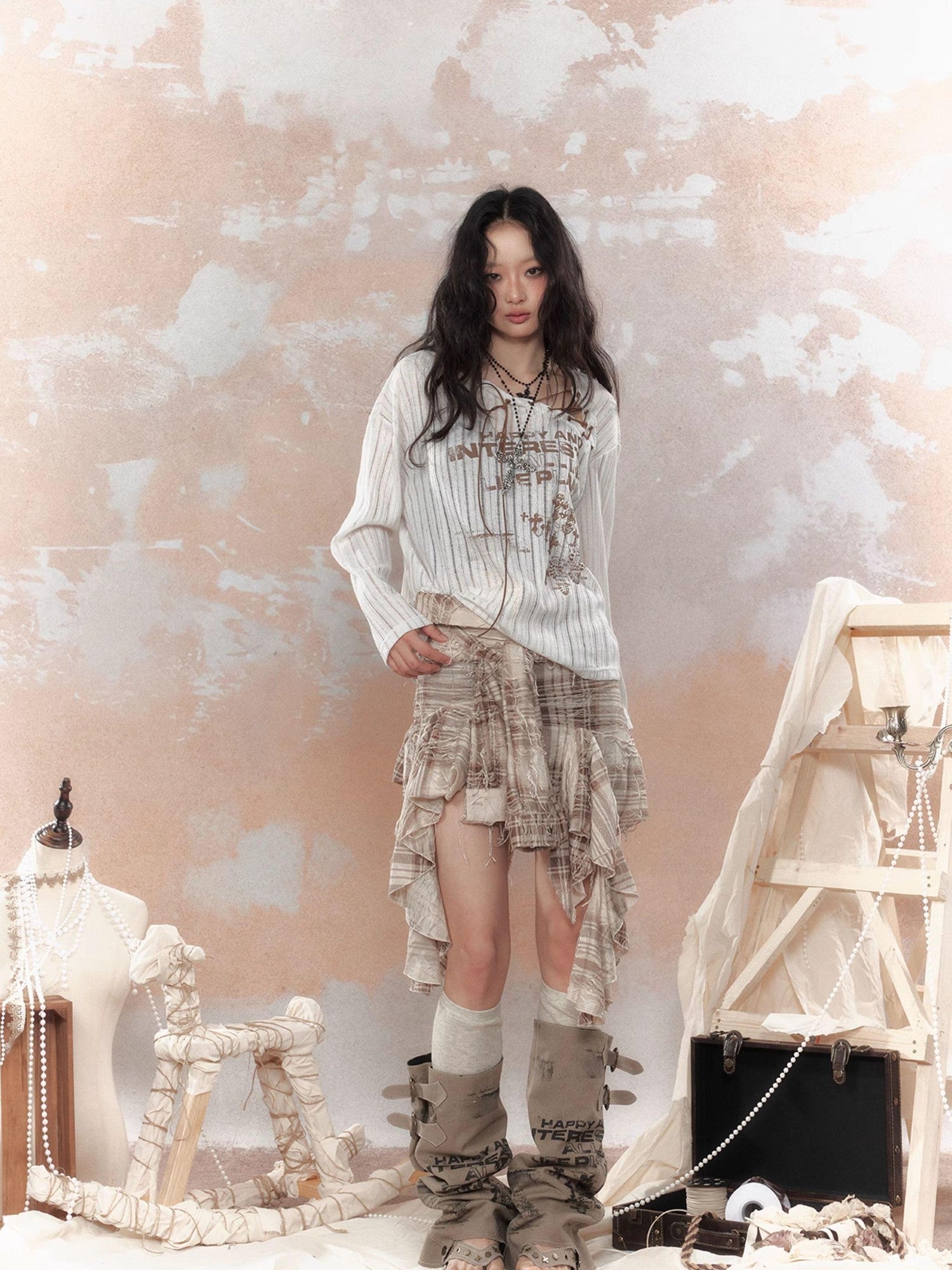 ALL iN plan Plaid Tassel Ruffle Deconstructed Print Women&