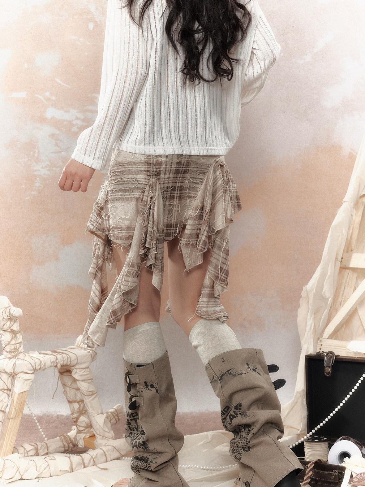 ALL iN plan Plaid Tassel Ruffle Deconstructed Print Women&