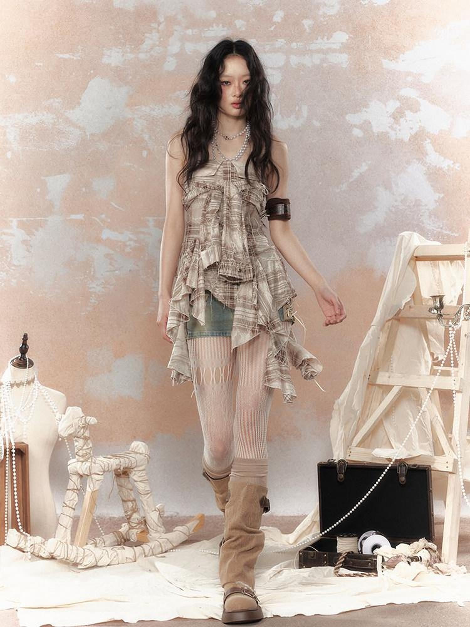 ALL iN plan Plaid Tassel Ruffle Deconstructed Print Women&