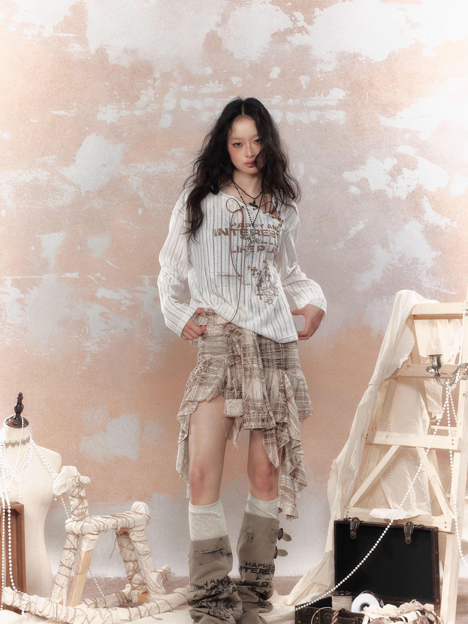 ALL iN plan Plaid Tassel Ruffle Deconstructed Print Women&