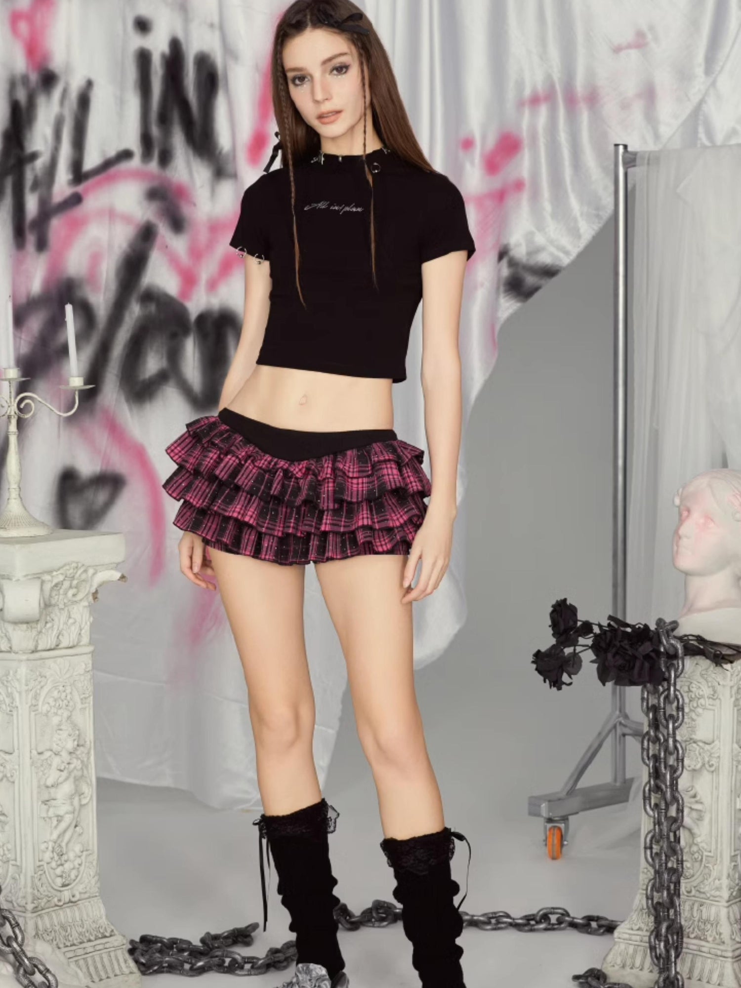 ALL iN plan Punk Checkerboard Crystal Iron On Slip Proof Mini Cake Skirt