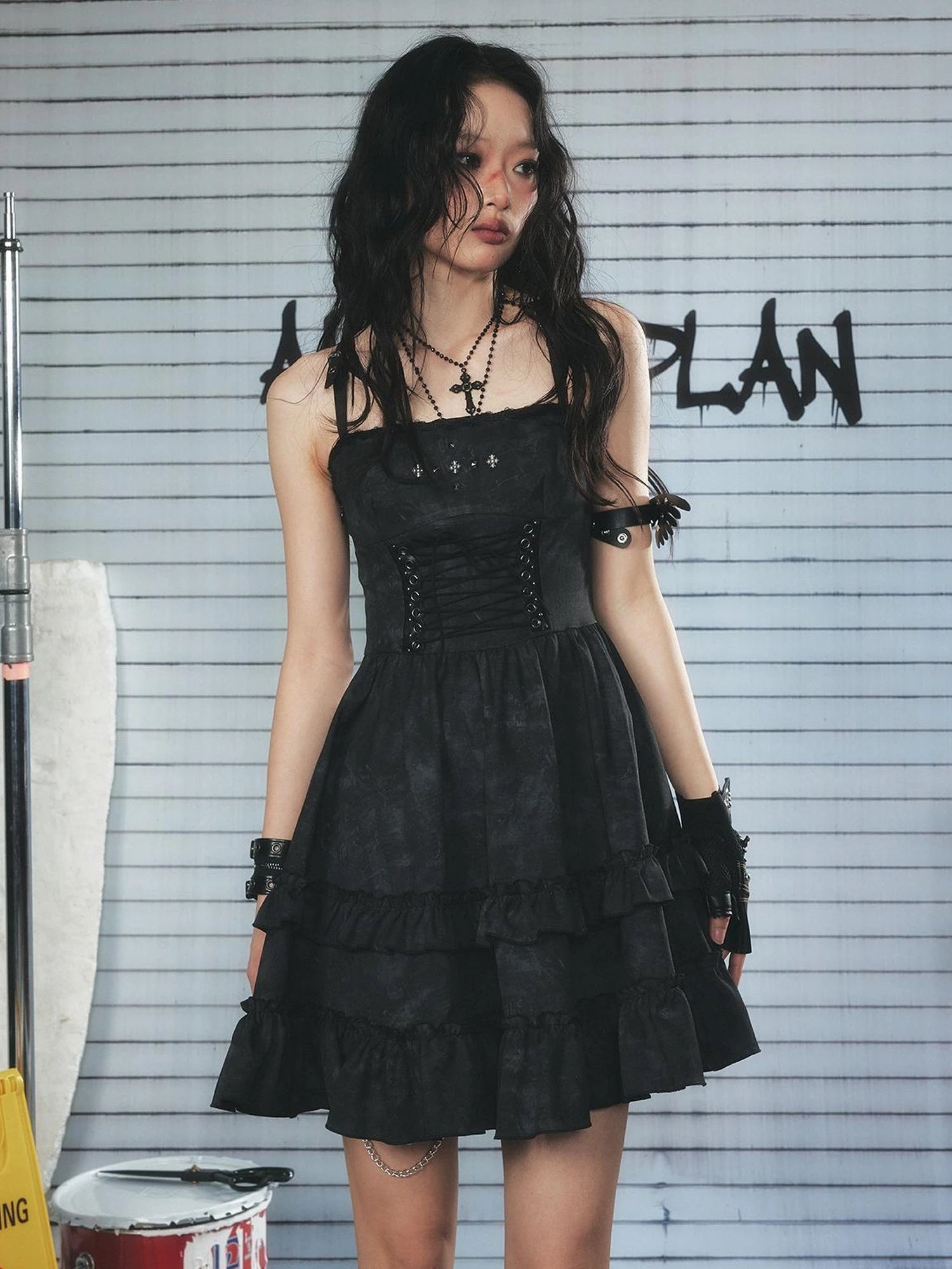 Punk Lace Up Mini Dress with Layered Tulle