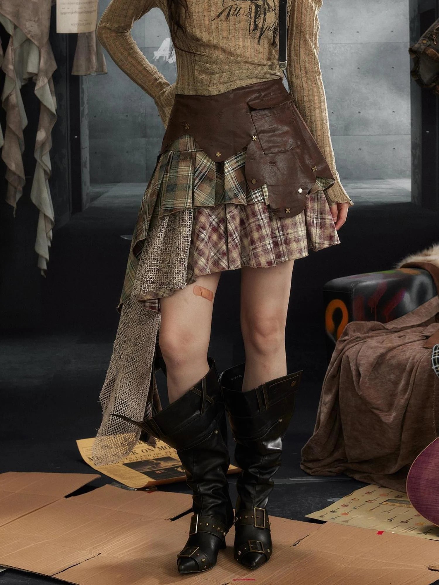 Punk Rock Asymmetrical Plaid Leather Skirt with Ruffle Hem