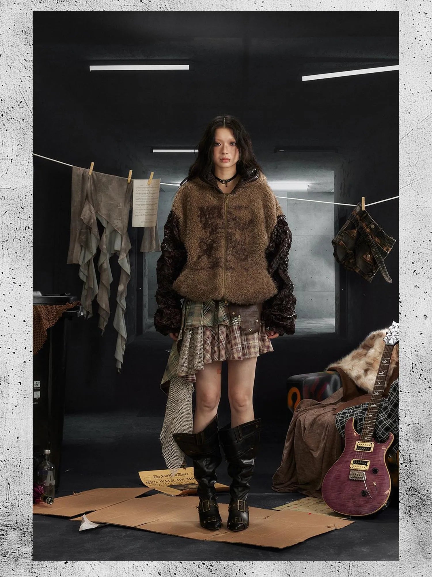 Punk Rock Asymmetrical Plaid Leather Skirt with Ruffle Hem