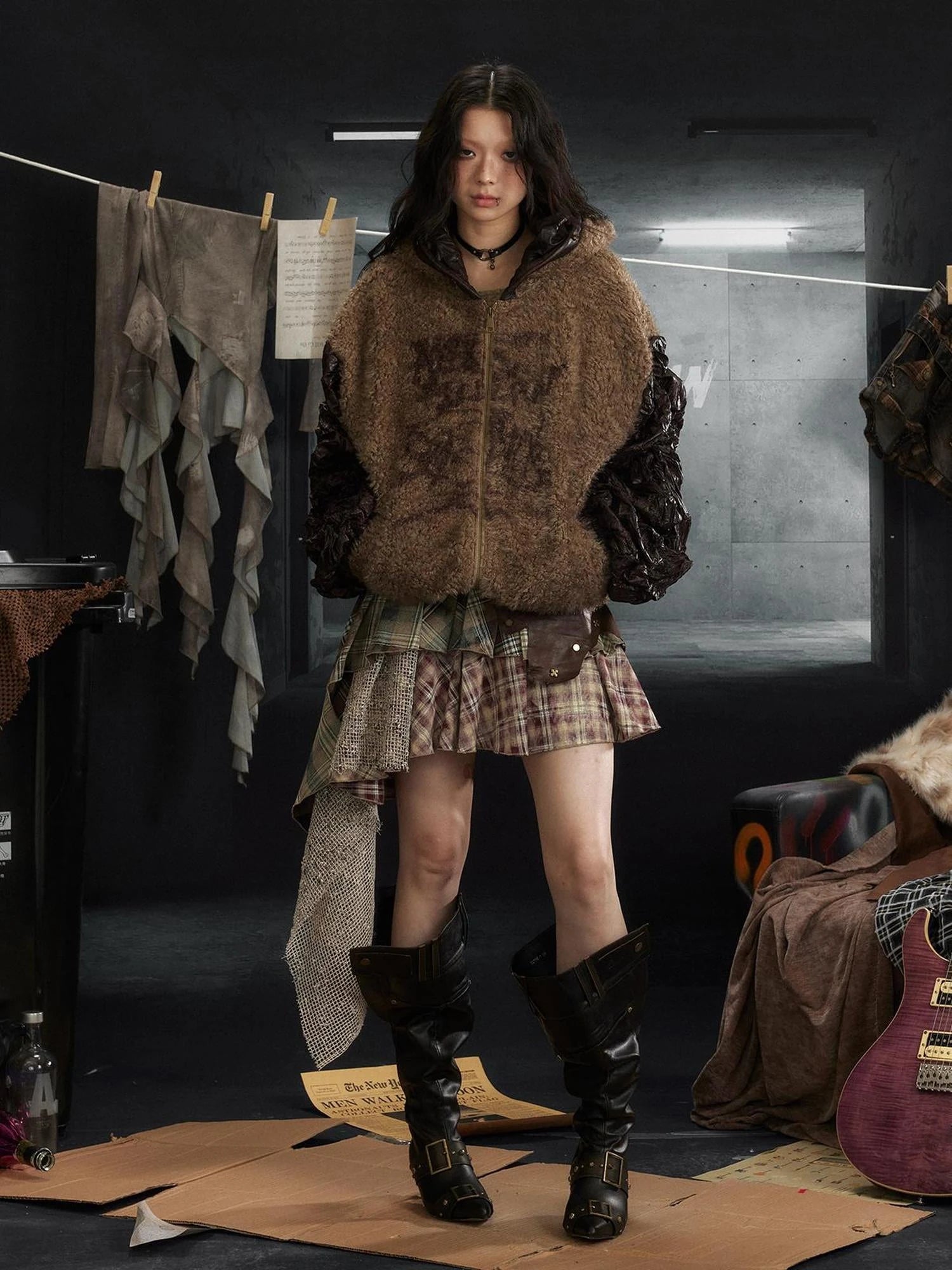 Punk Rock Asymmetrical Plaid Leather Skirt with Ruffle Hem