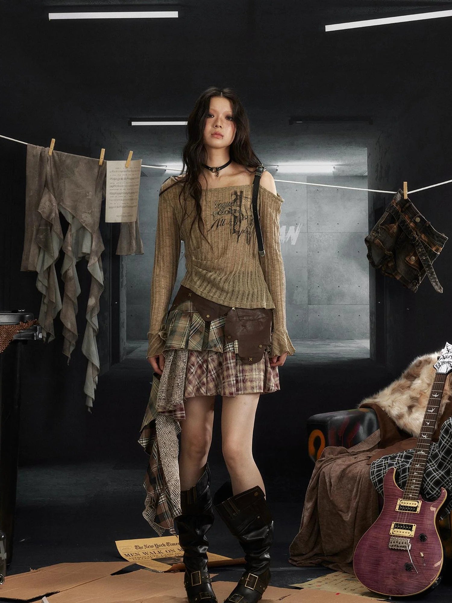 Punk Rock Asymmetrical Plaid Leather Skirt with Ruffle Hem