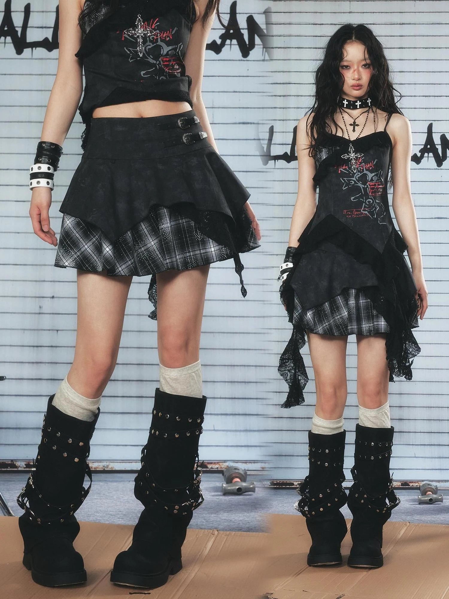 Resonant 89Hz Punk Lace Grid Denim Mini Skirt