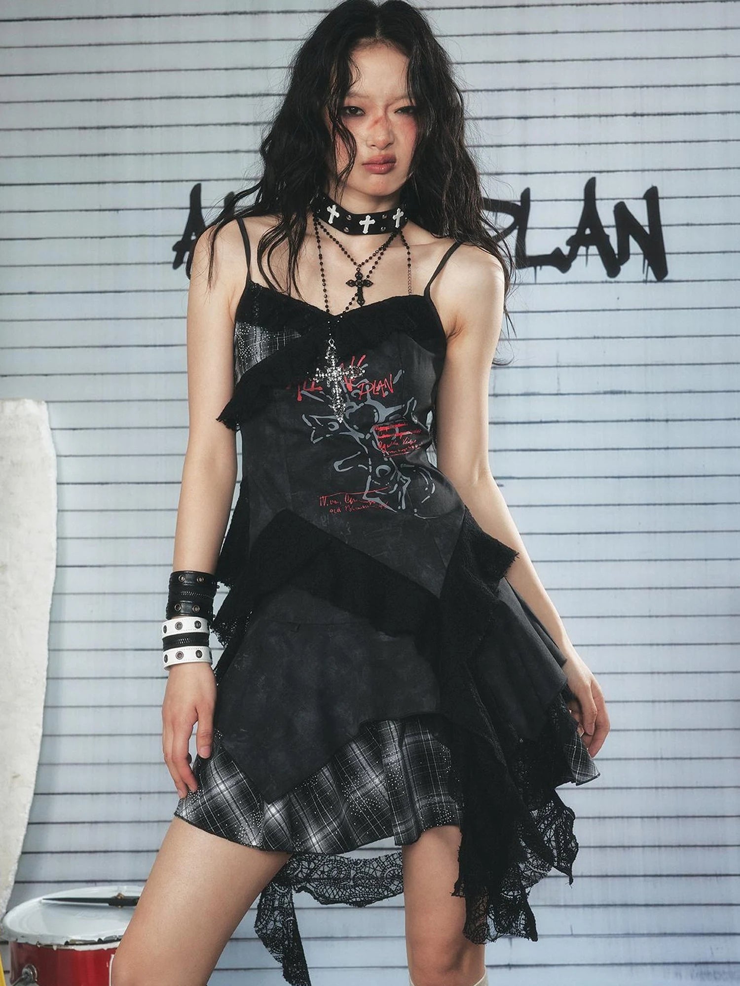 Resonant 89Hz Punk Lace Grid Denim Mini Skirt