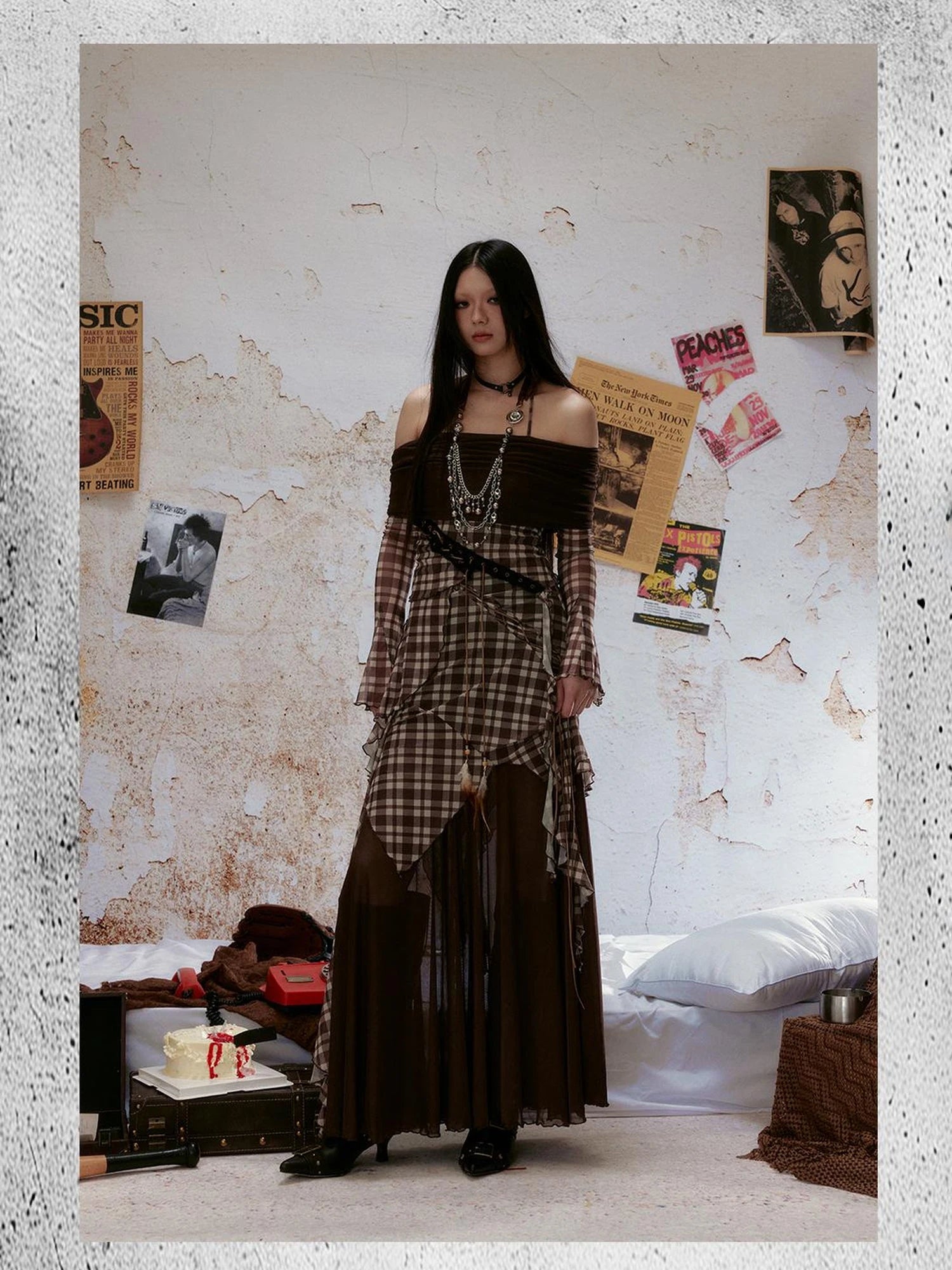 Retro Check Print Mesh Off Shoulder Dress