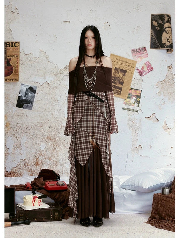 Retro Check Print Mesh Off Shoulder Dress