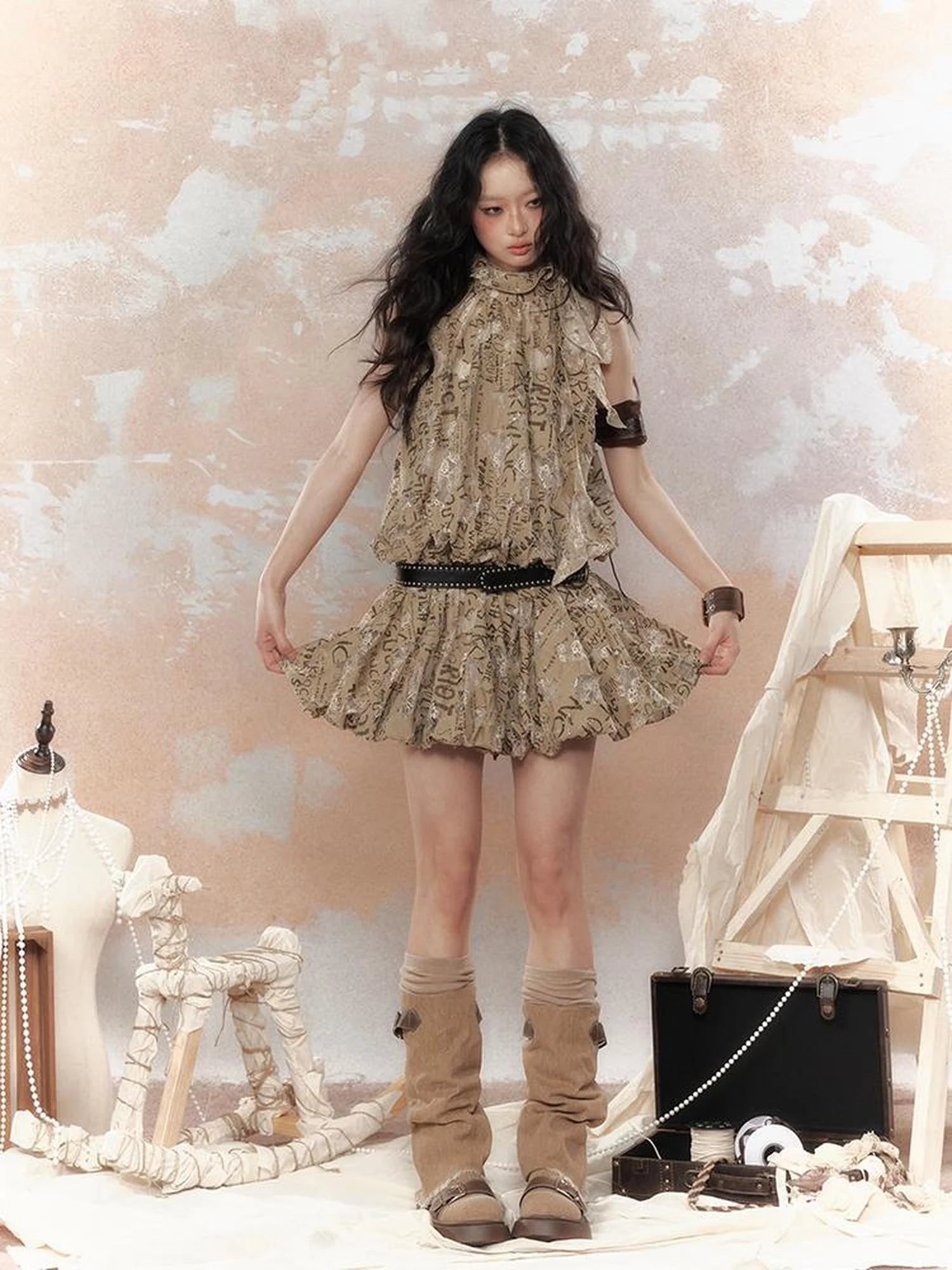 Rivet Lace Cutout Bustier Mini Dress V-Neck T-Shirt Long-Sleeve