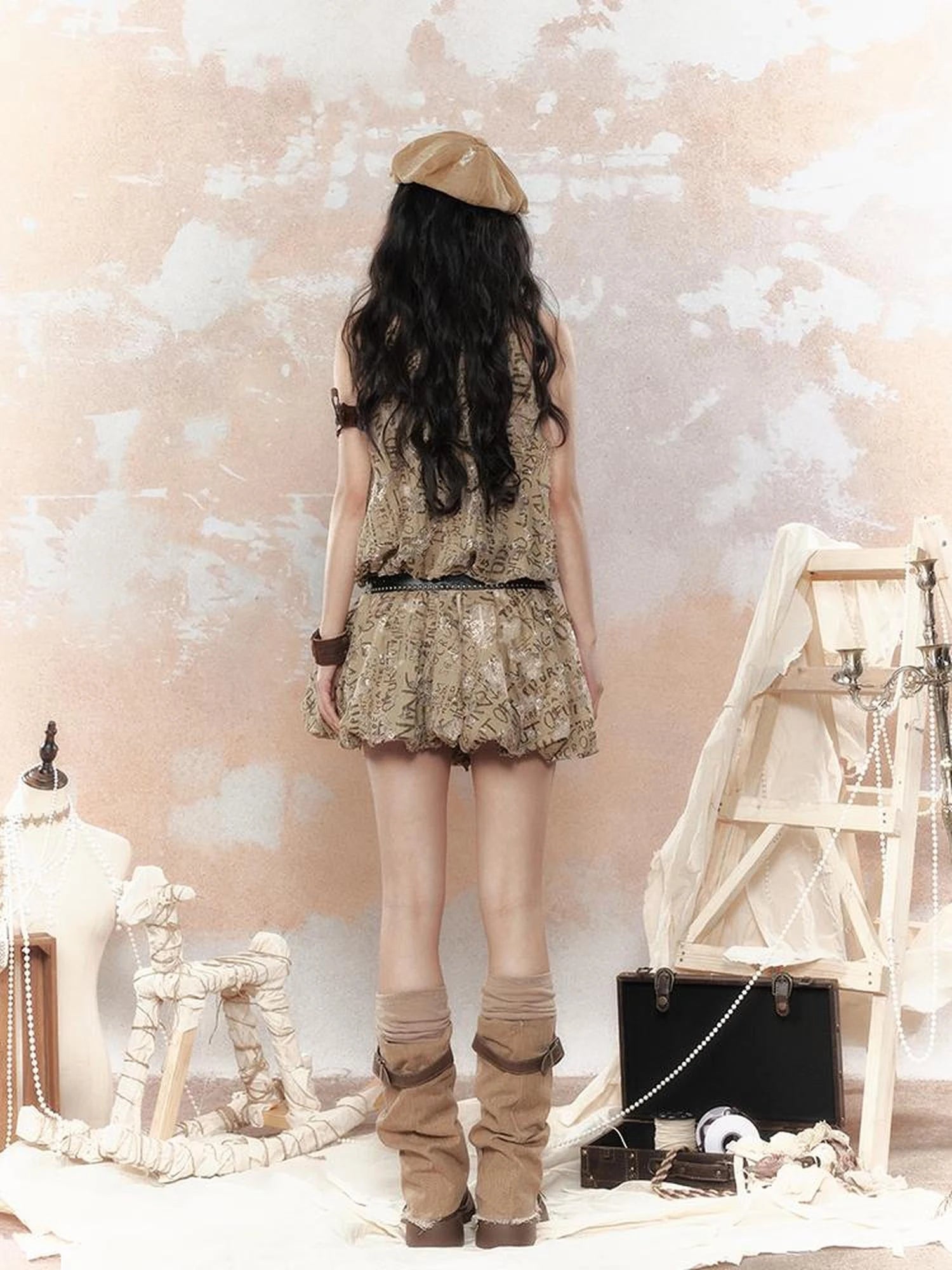 Rivet Lace Cutout Bustier Mini Dress V-Neck T-Shirt Long-Sleeve