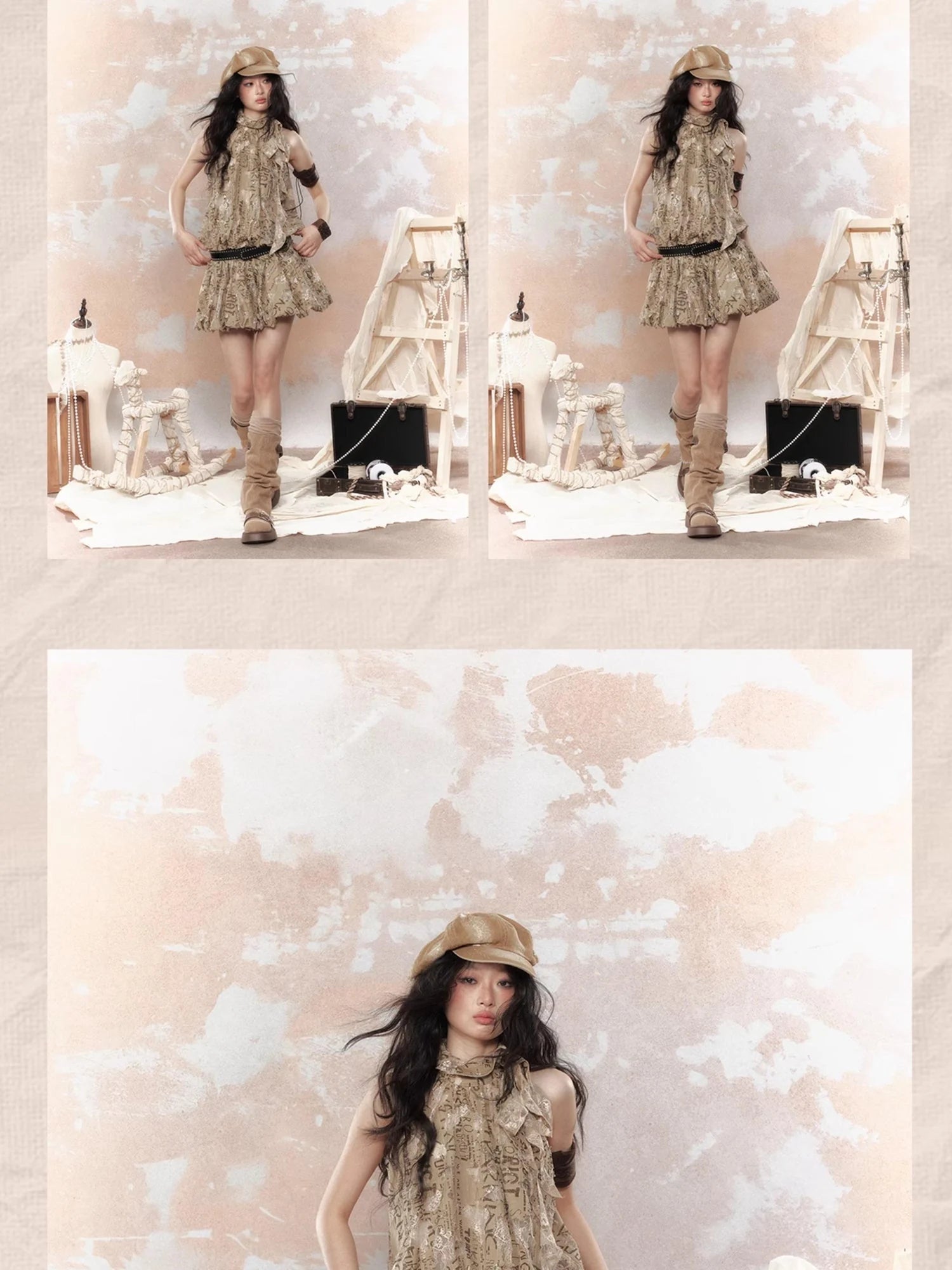 Rivet Lace Cutout Bustier Mini Dress V-Neck T-Shirt Long-Sleeve