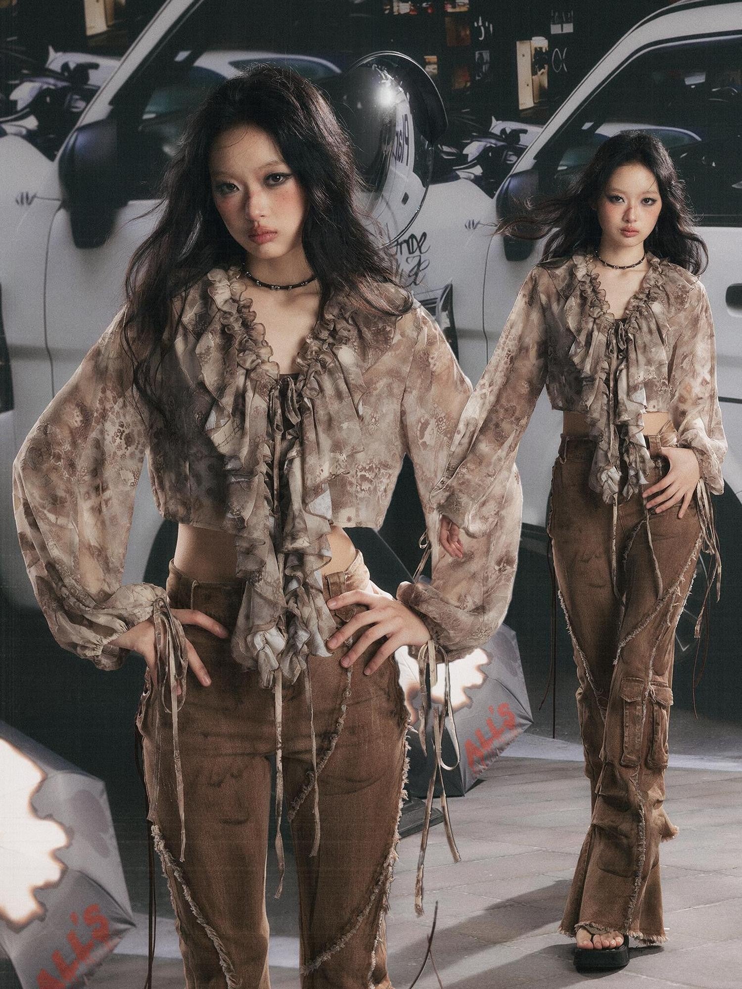 ALL iN plan Ruffle V-neck Printed Cropped Long Sleeve Women&