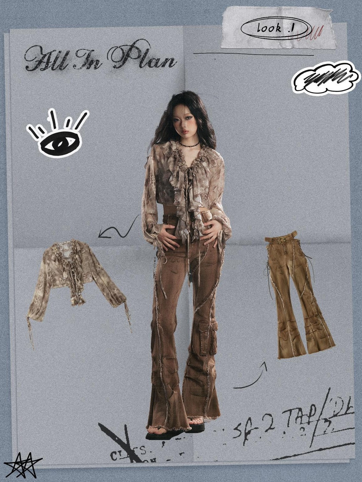 ALL iN plan Ruffle V-neck Printed Cropped Long Sleeve Women&