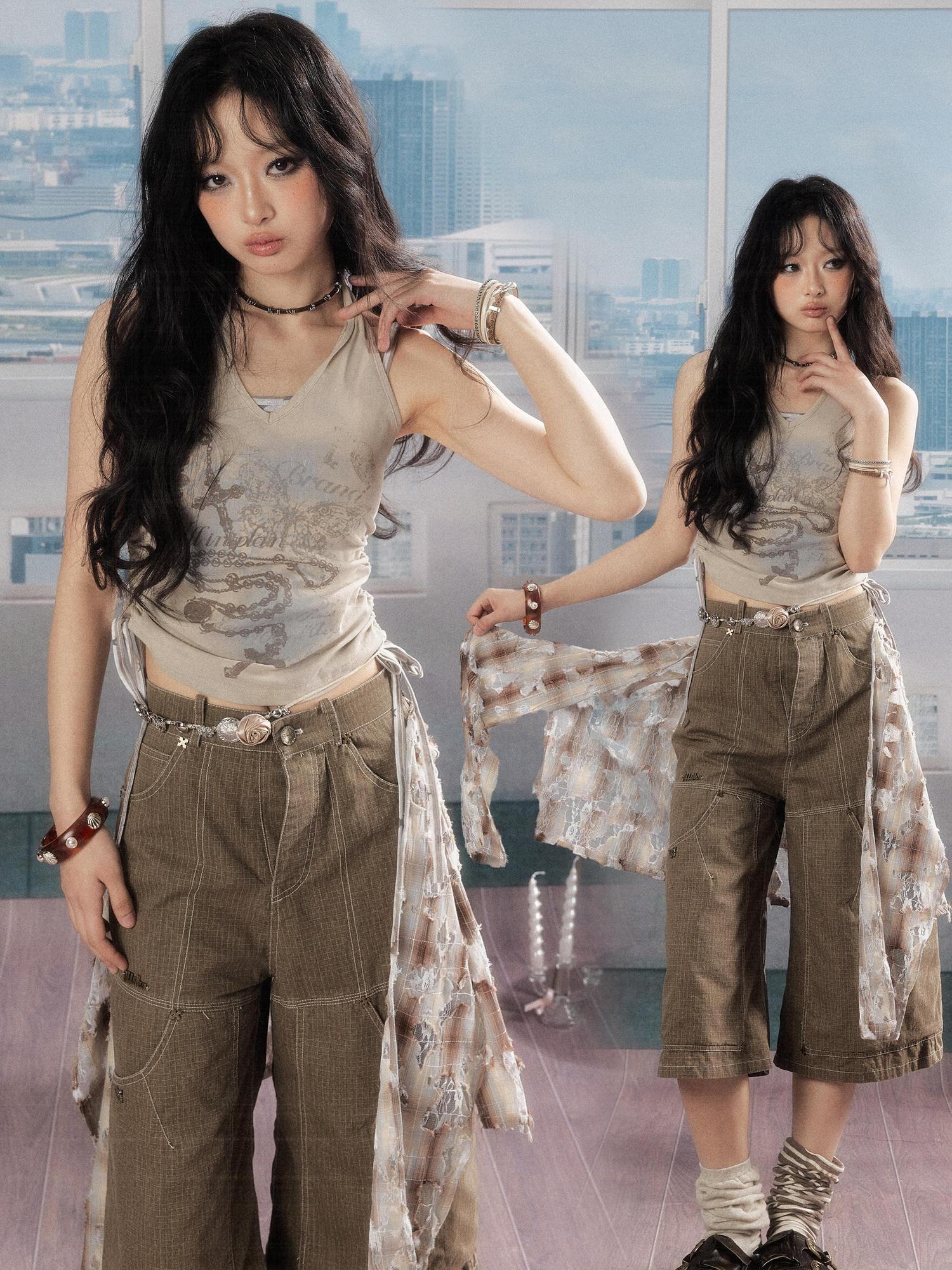 ALL iN plan Slim Cotton Blend V-neck Halter Crop Printed Khaki Women Short Sleeve T-Shirts
