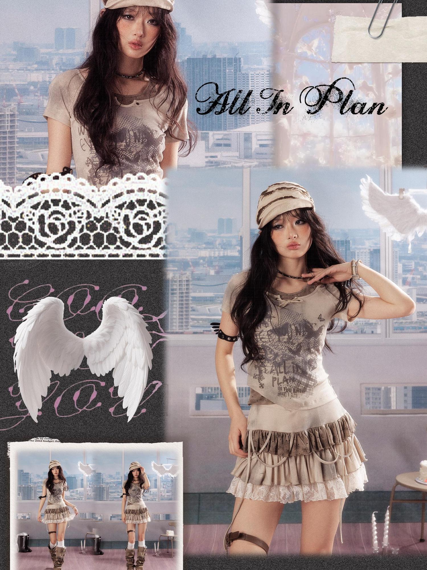 ALL iN plan Slim Fit Khaki Printed Cropped Casual Round Neck Women Short Sleeve T-Shirts