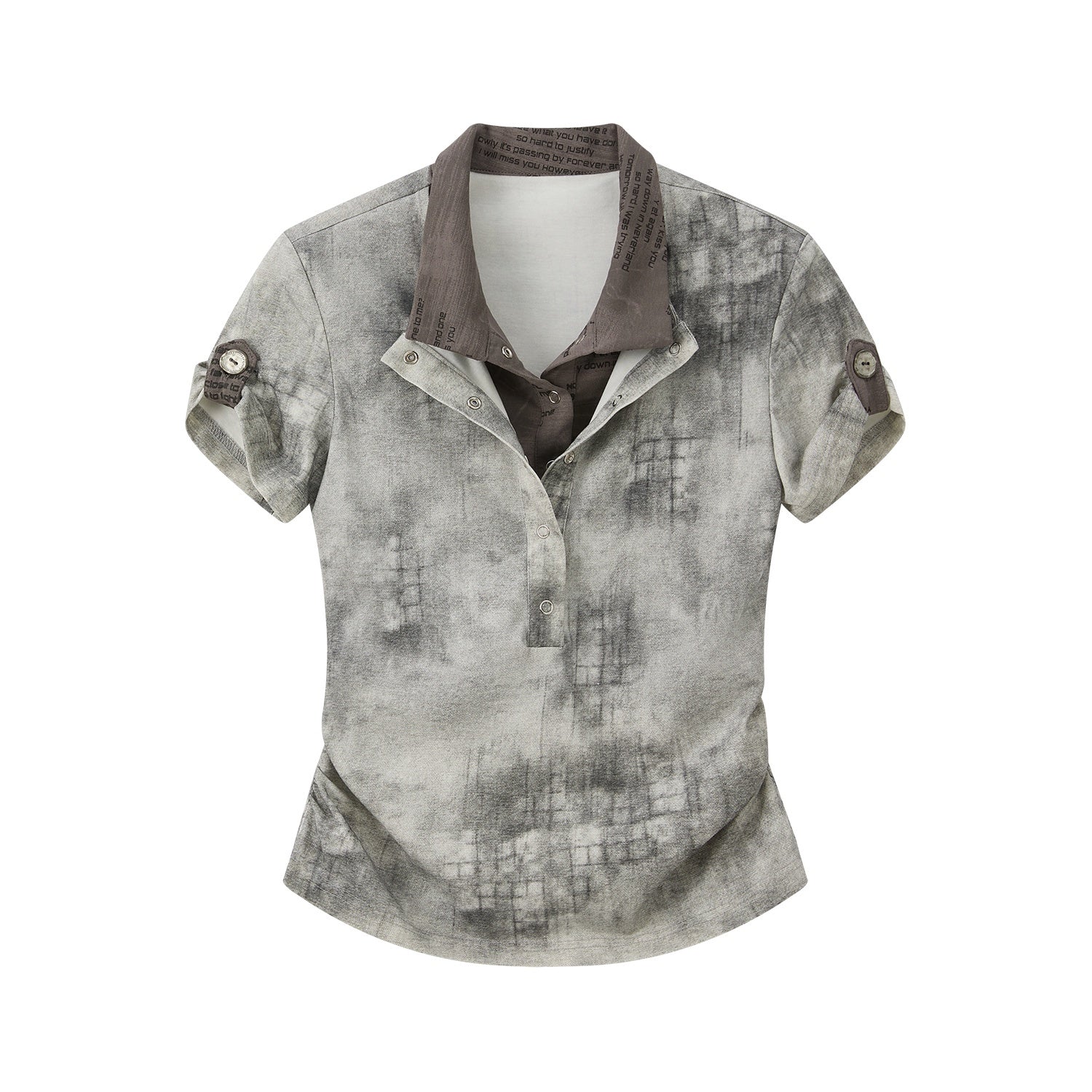 ALL iN plan Slim Waist Casual Zipper Polo Crop Check Gray Women Short Sleeve T-Shirts