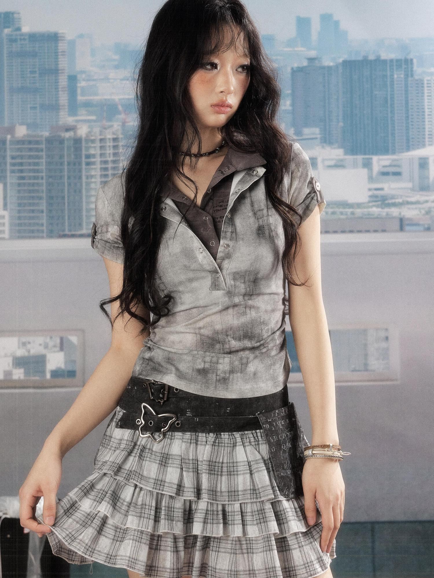 ALL iN plan Slim Waist Casual Zipper Polo Crop Check Gray Women Short Sleeve T-Shirts
