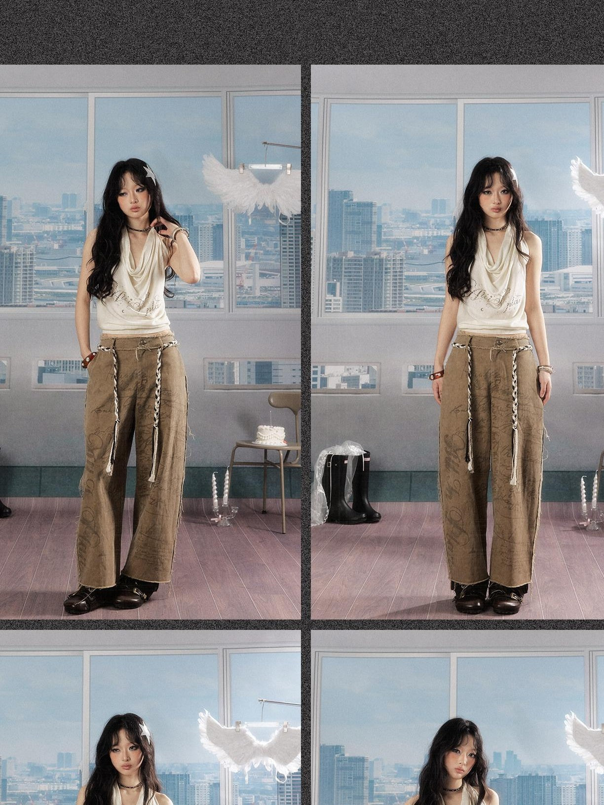 ALL iN plan Soft Breathable Cotton Casual Tassel Natural Waist Button Women Khaki Pants