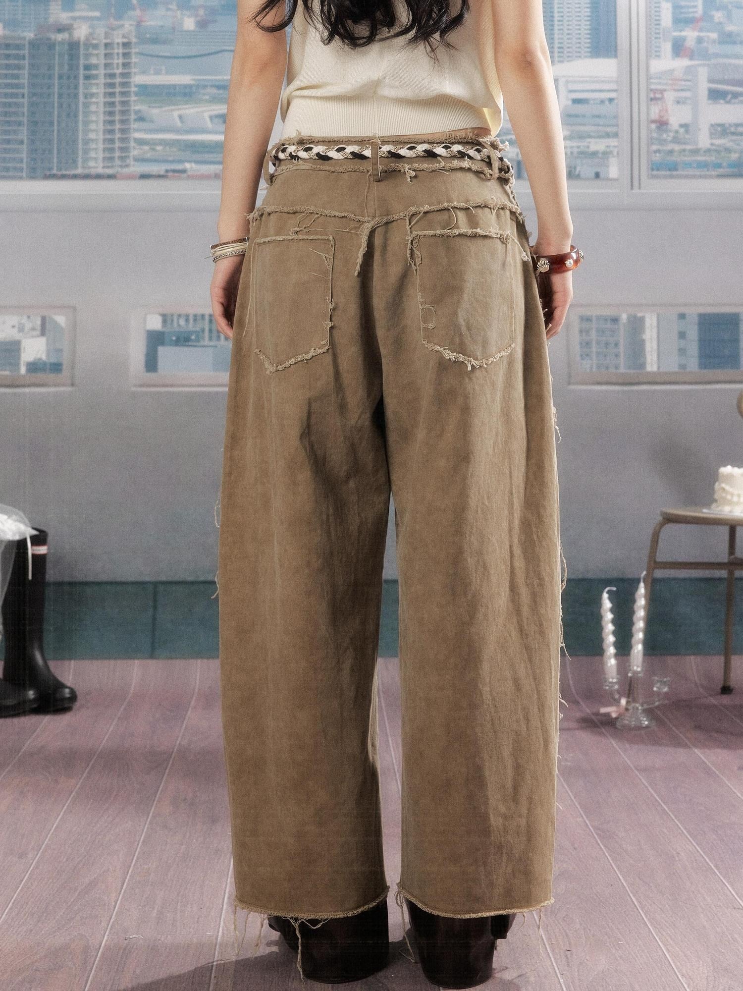 ALL iN plan Soft Breathable Cotton Casual Tassel Natural Waist Button Women Khaki Pants