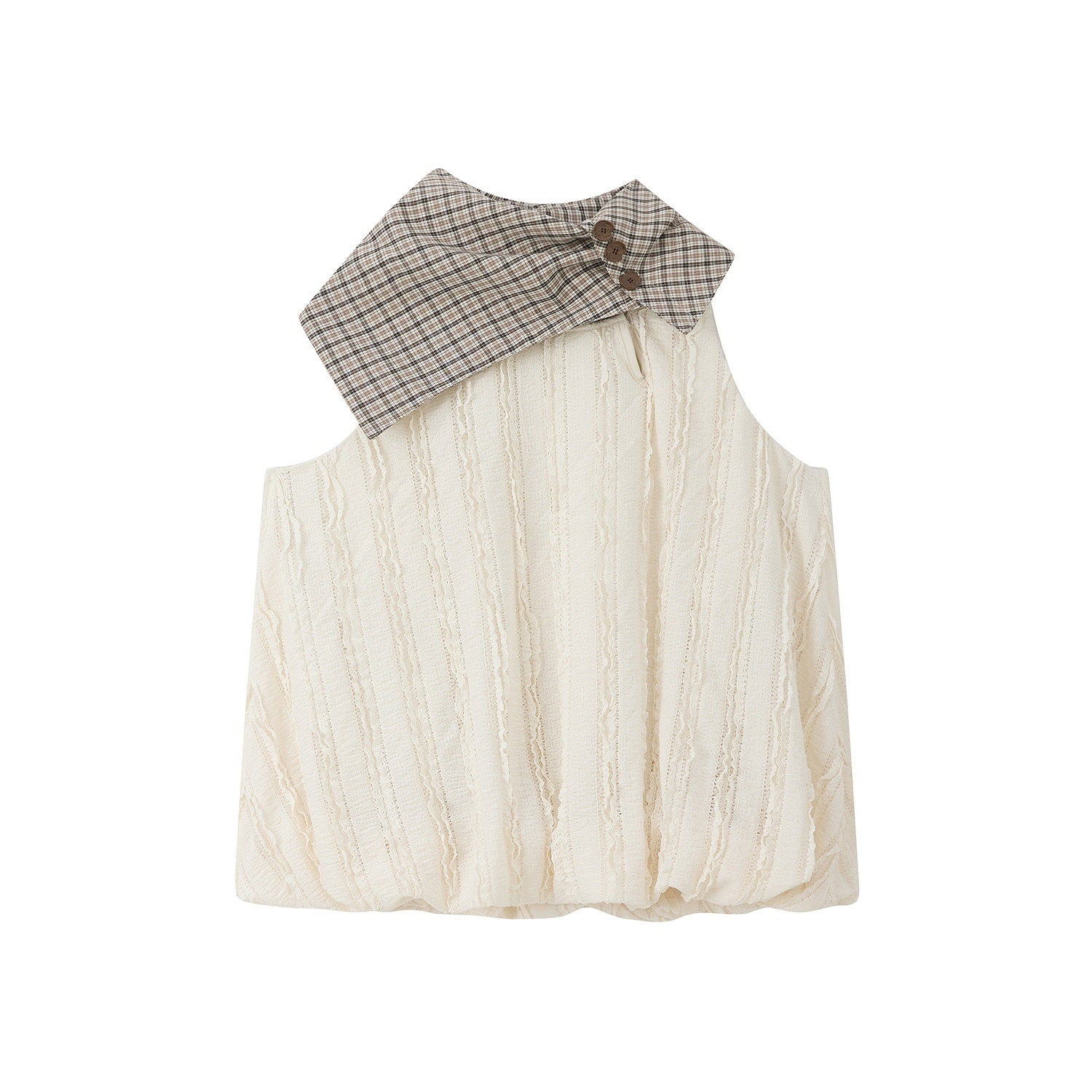 ALL iN plan Soft Cotton Poly Sweet High Neck Crop Plaid Ivory Short Sleeve T-Shirts