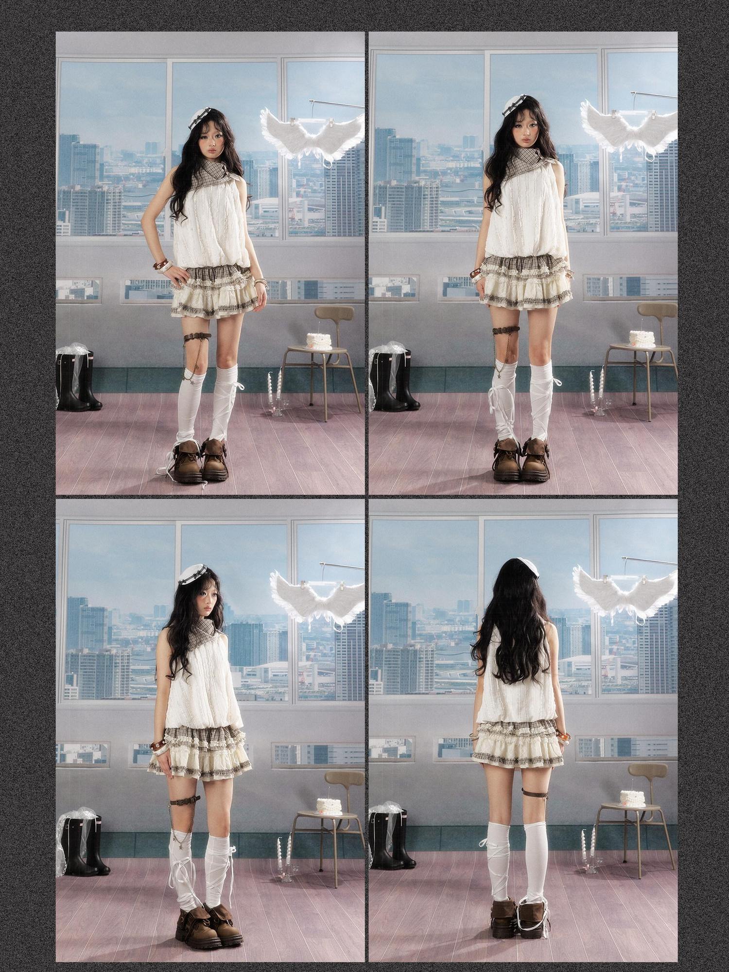 ALL iN plan Soft Cotton Poly Sweet High Neck Crop Plaid Ivory Short Sleeve T-Shirts
