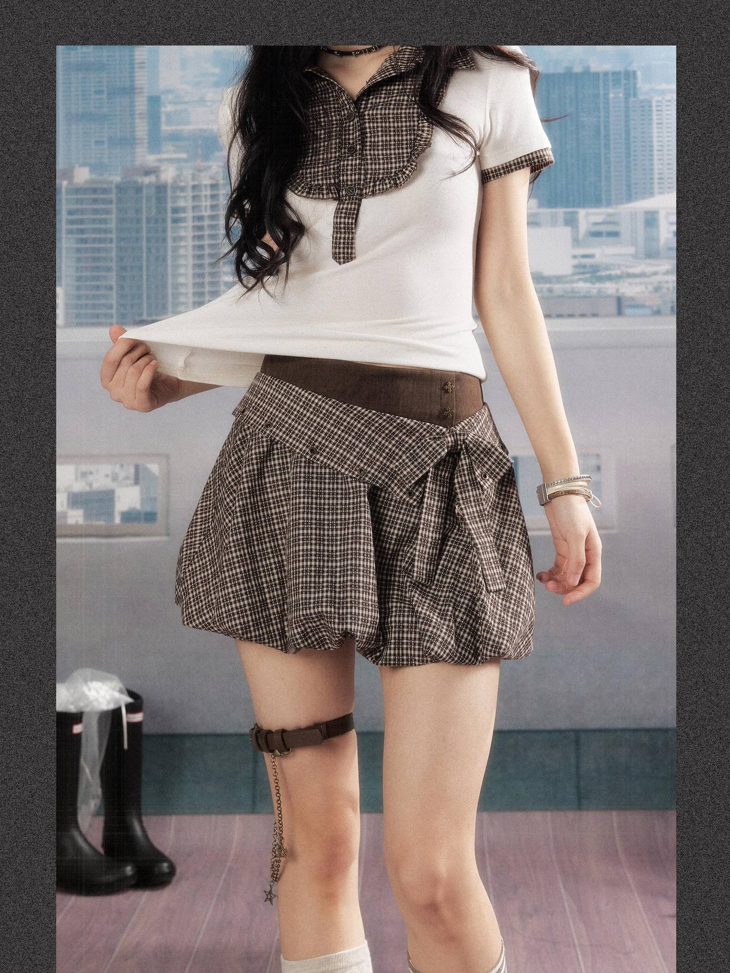 ALL iN plan Soft Modal Linen Blend Loose A Line Bow Double Waist Women Deep Brown Skirt