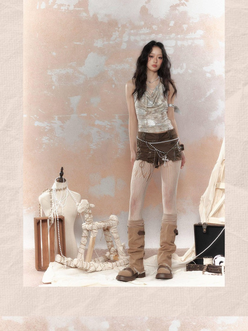 ALL iN plan Sparkle Tie Dye Halter Metal Ring Open Back Women&