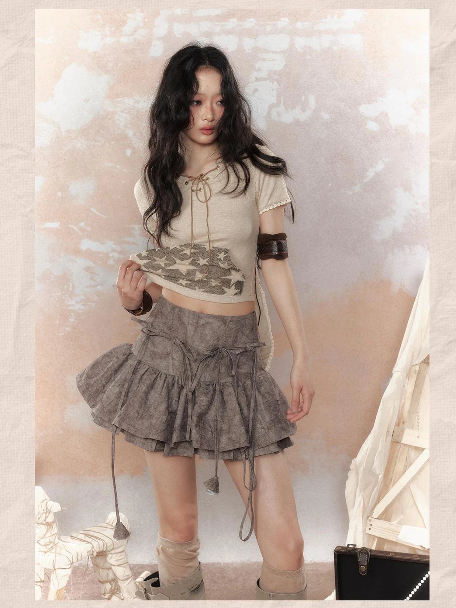 Steam Punk Star Print Rabbit Ear Hooded T-Shirt